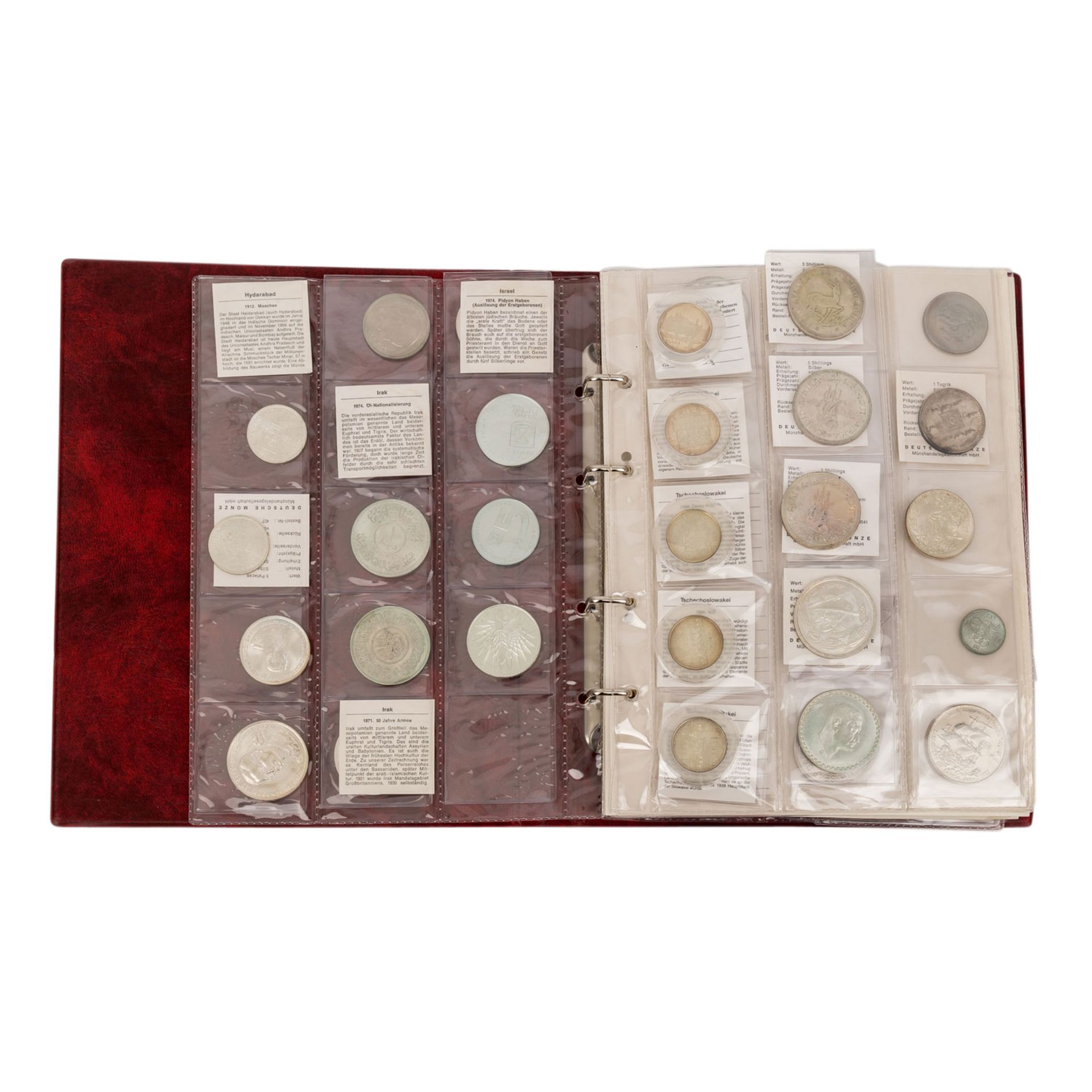 Sammlung Weltmünzen in einem Album,darunter viele Silbermünzen, drei indische Gold F