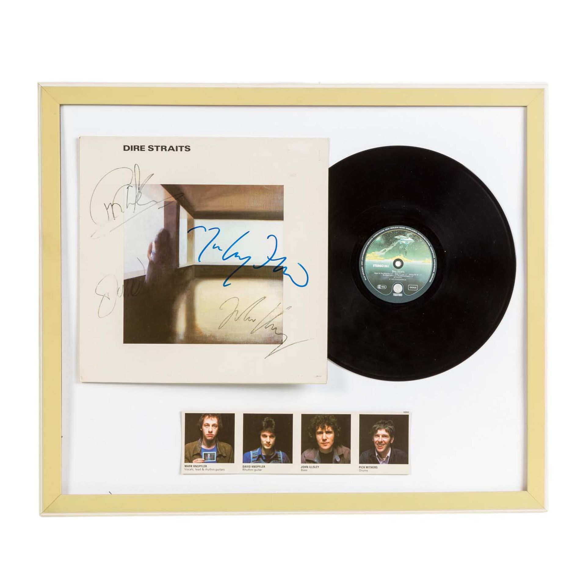 Autographen - Musiklegenden: DIRE STRAITS,handsigniertes Cover inklusive LP mit Rahmen