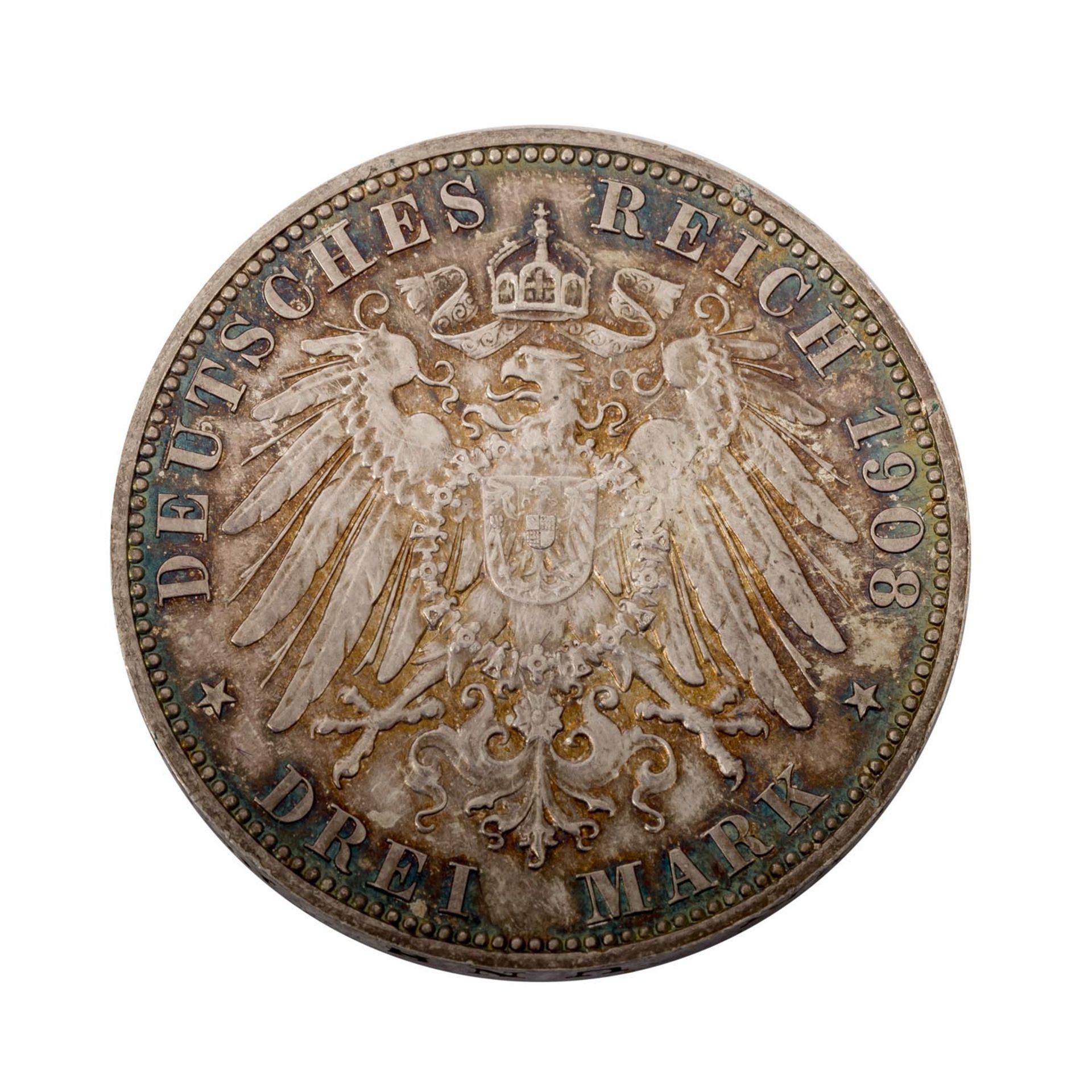 Preussen - 3 Mark 1908 A Wilhelm II.in ex PP, beriebenPrussia - 3 marks 1908 A - Bild 2 aus 2