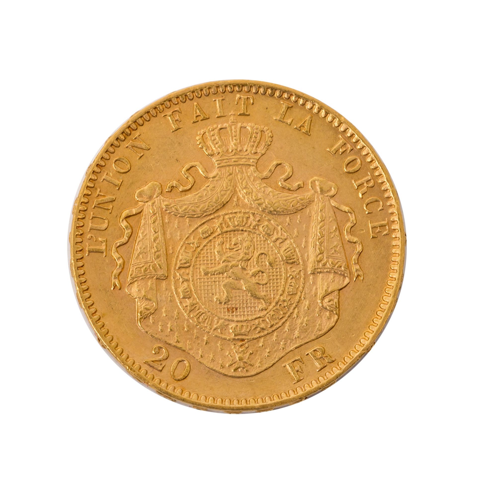 Belgien/GOLD - 20 Francs 1877 Leopold II.,ca. 5,8 g fein, ssBelgium/GOLD - 20 - Bild 2 aus 2