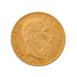 Belgien/GOLD - 20 Francs 1877 Leopold II.,ca. 5,8 g fein, ssBelgium/GOLD - 20