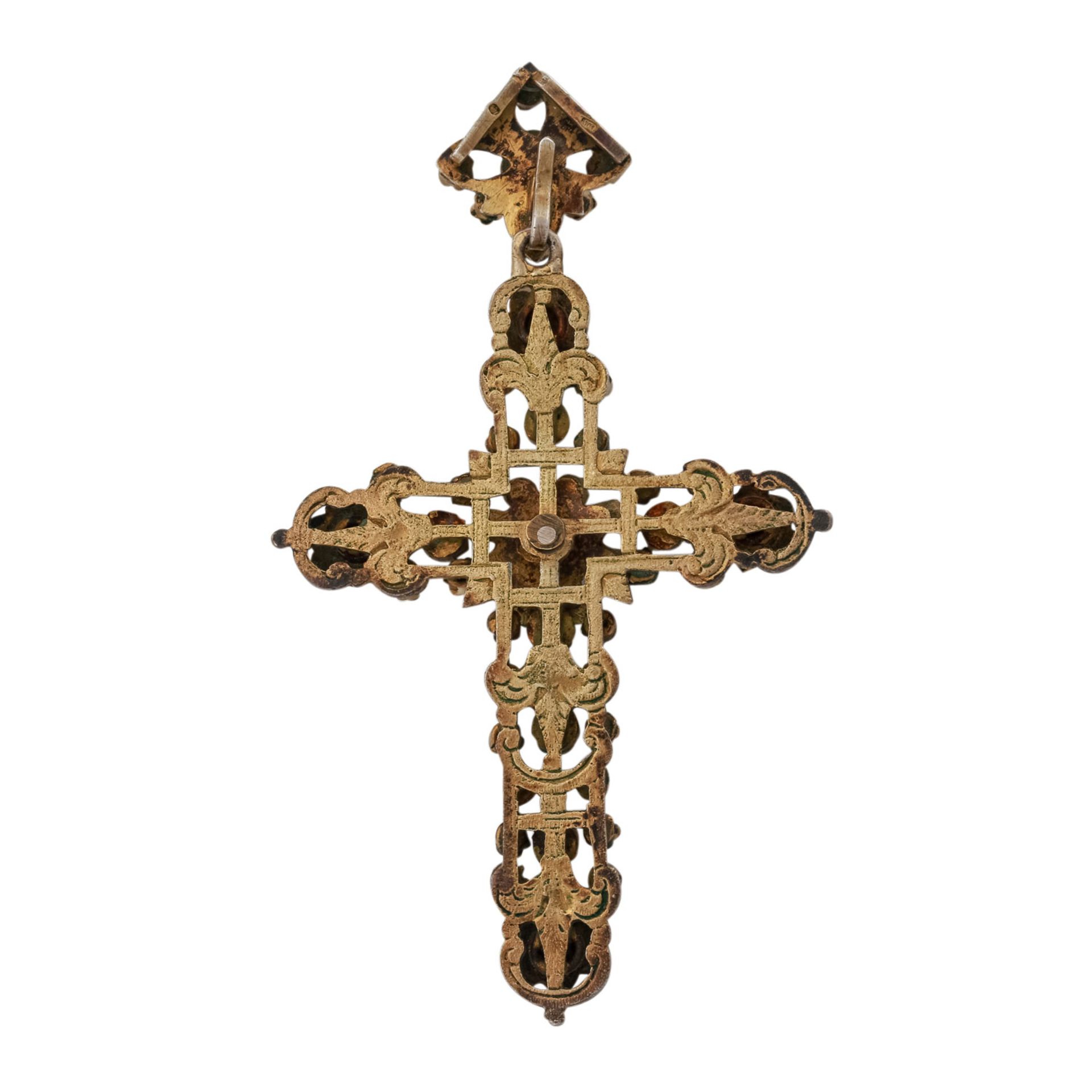Siebenbürger Kreuz mit Edelsteinen,Granat, Türkis, Silber vergoldet, tlw. emailliert, L: ca. 7,8 cm, - Bild 3 aus 5