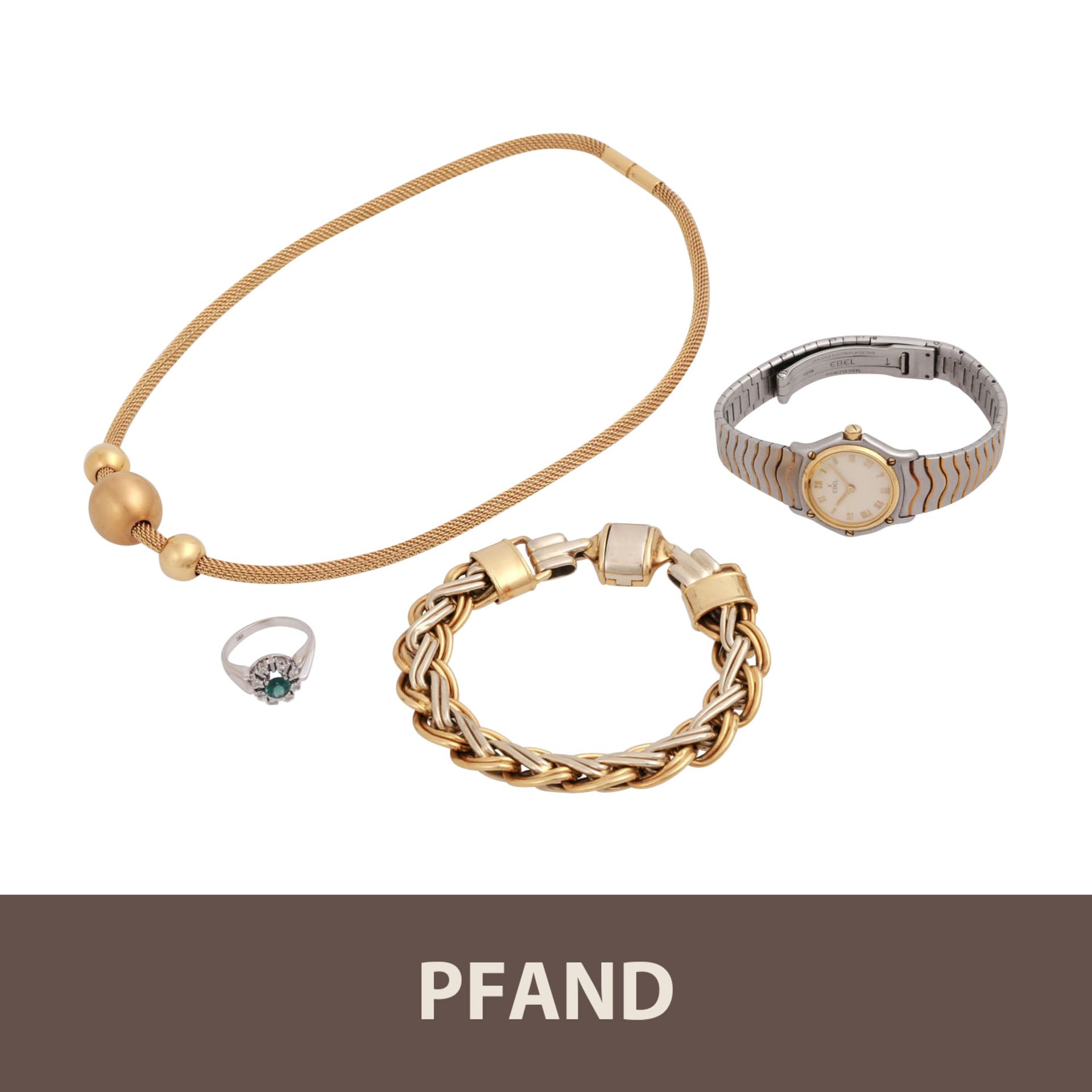 PFANDAUKTION - 1 Armband GG 18 K, 1 Collier mit 3 Kugeln,1 Ring WG 14 K m. Farbstein ( 81,9 gr.);1