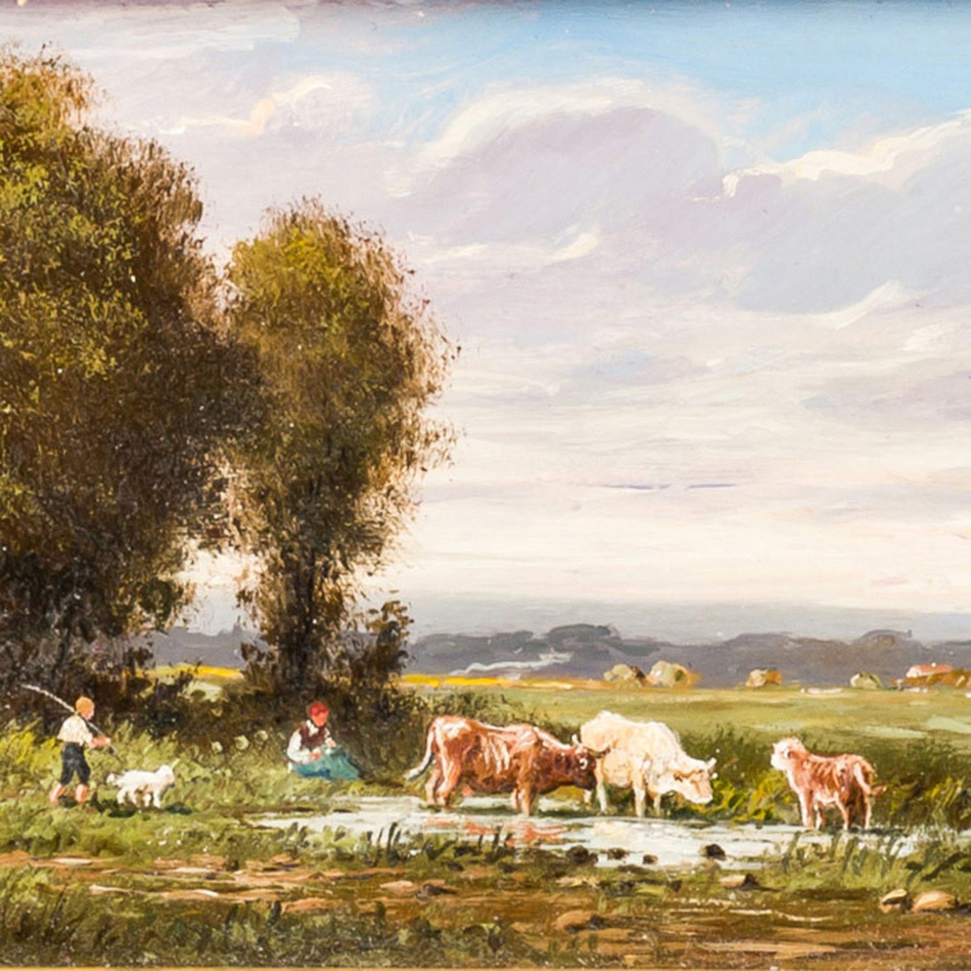 WEGE, DIETER (geb. 1939), "Hirtenpärchen mit Hund und Rindern an einem Weiher",in Sommerlandschaft