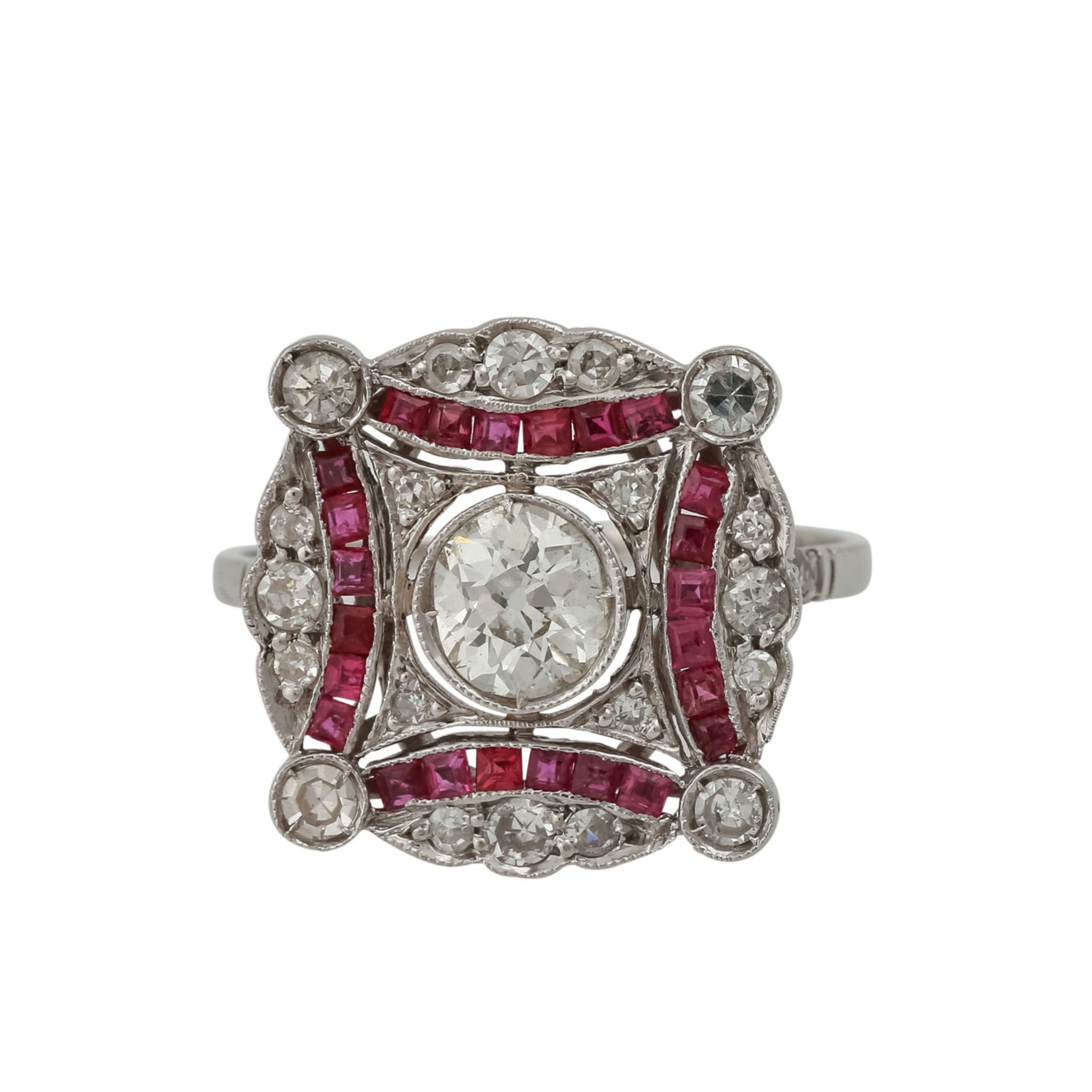 Ring mit Altschliffdiamanten zus. ca. 0,7 ct,WEISS-LGW (H-I)/SI-P1 und kl. Rubincarrés, Platin, RW