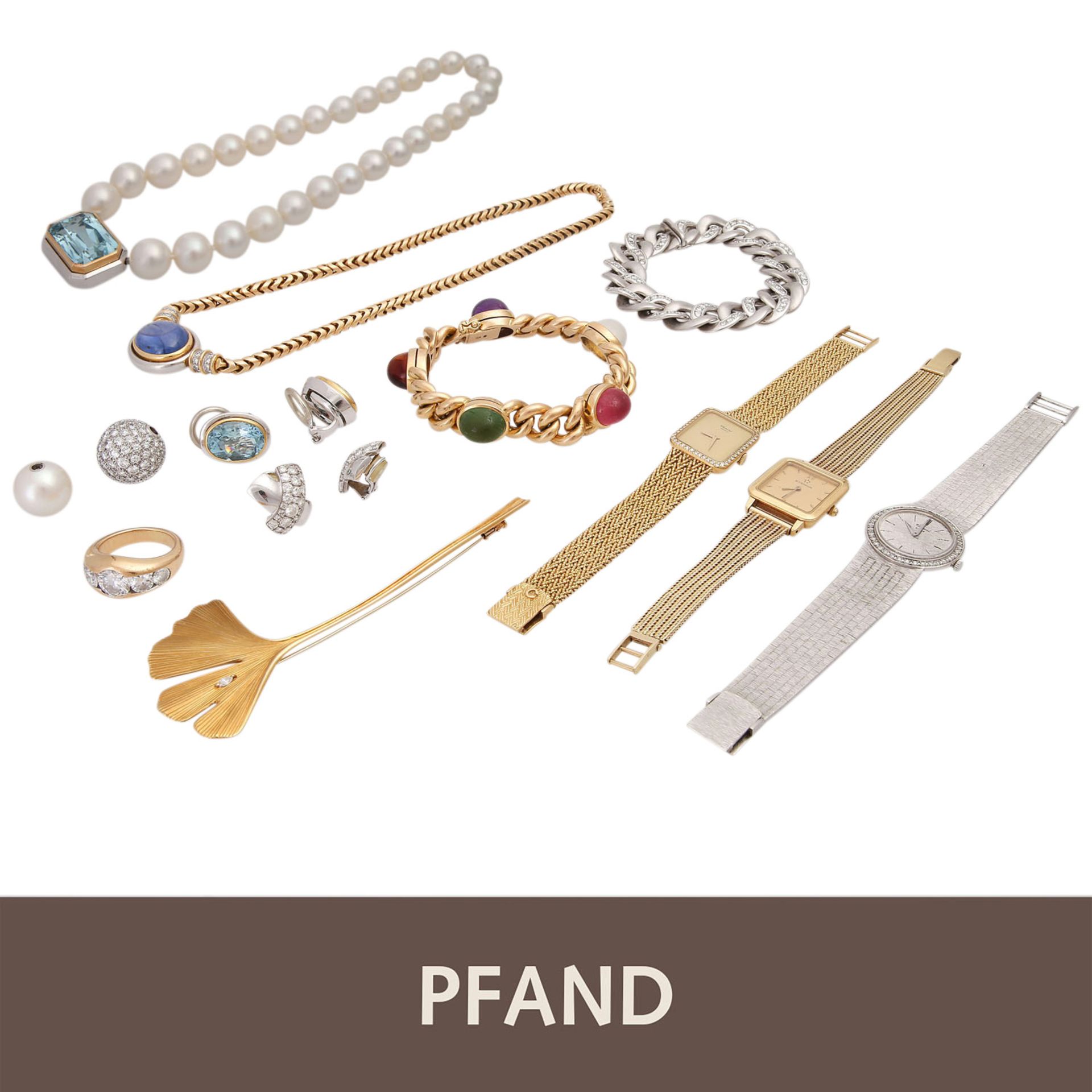 PFANDAUKTION - 1 Brosche, 1 Armband mit Farbedelsteinen,1 Armband mit Brill. 3 Damenuhren. (WG/