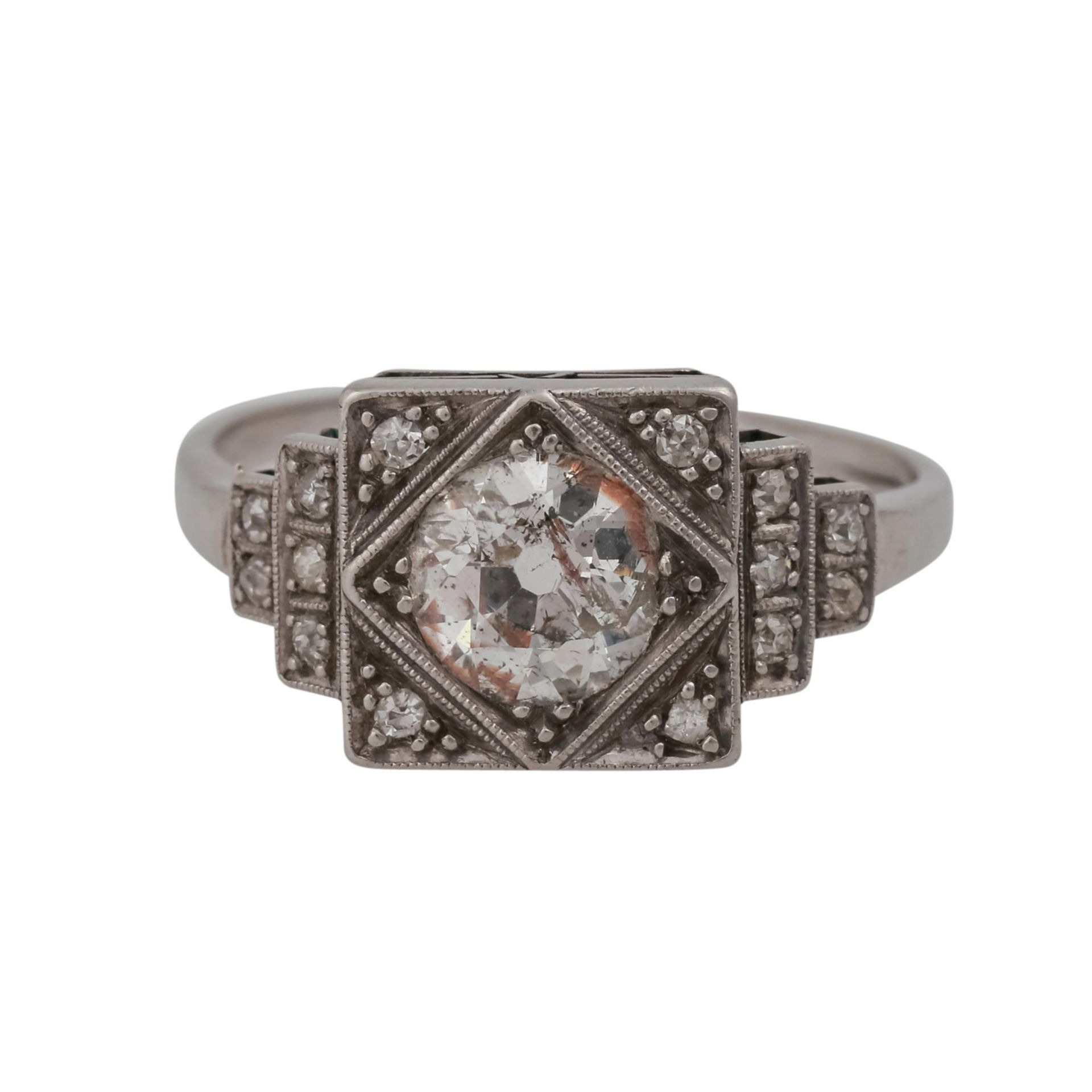 Art Déco Ring mit Altschliffdiamanten,zentral ca. 0,90 ct, GW (M)/P3, kleine Diamanten zus. ca. 0,14