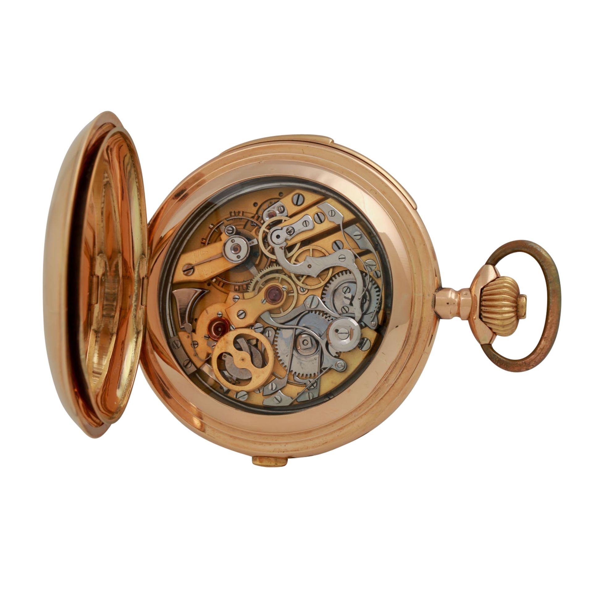 Taschenuhr mit Minutenrepetition und Chronograph, SCHWEIZ um 1900/1910.Savonette-Gehäuse in Gold - Bild 5 aus 10