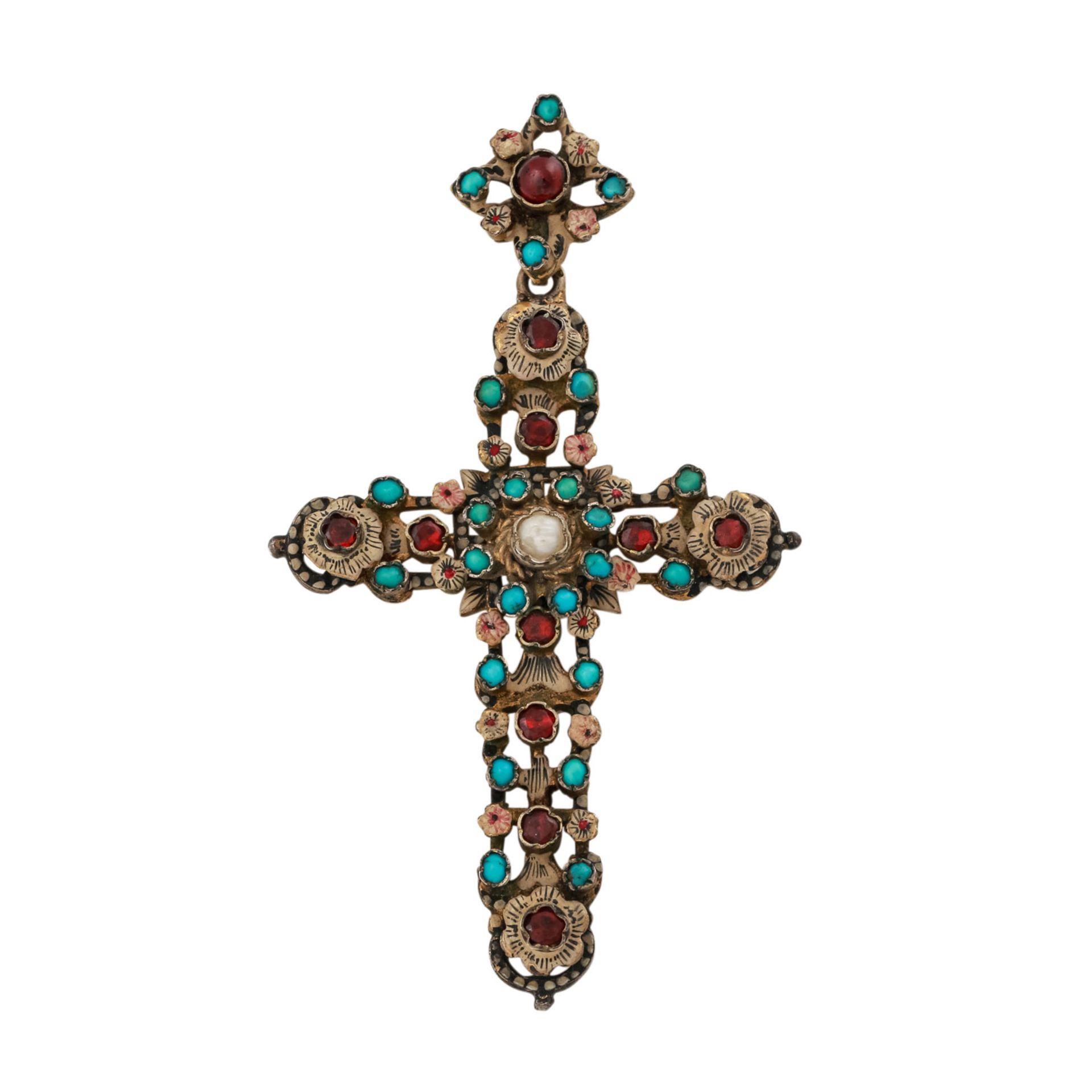 Siebenbürger Kreuz mit Edelsteinen,Granat, Türkis, Silber vergoldet, tlw. emailliert, L: ca. 7,8 cm,