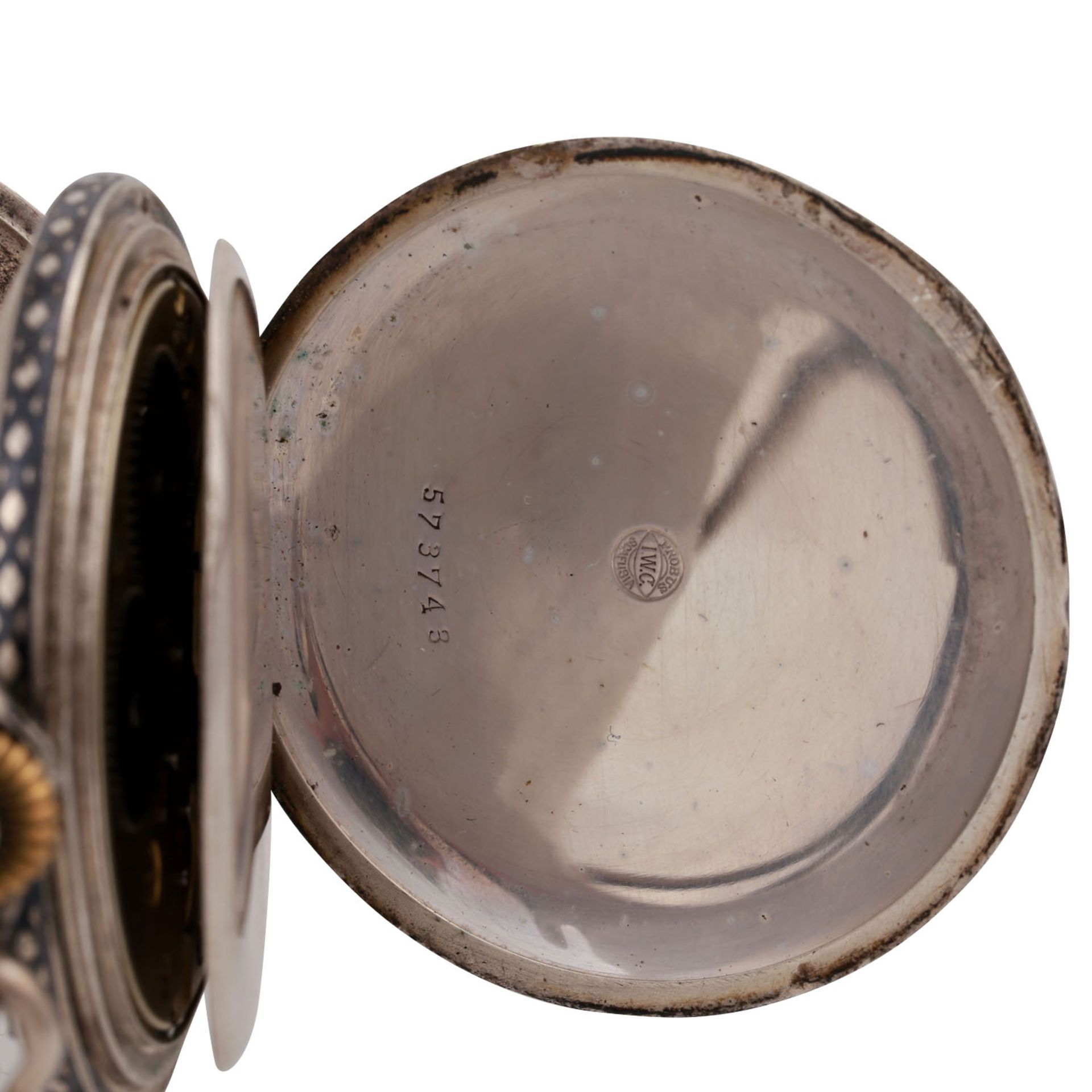 IWC Taschenuhr, ca. 1910-1915.Savonette-Gehäuse in Silber 800 (Niello). Weißes Email-Zifferblatt mit - Bild 6 aus 11