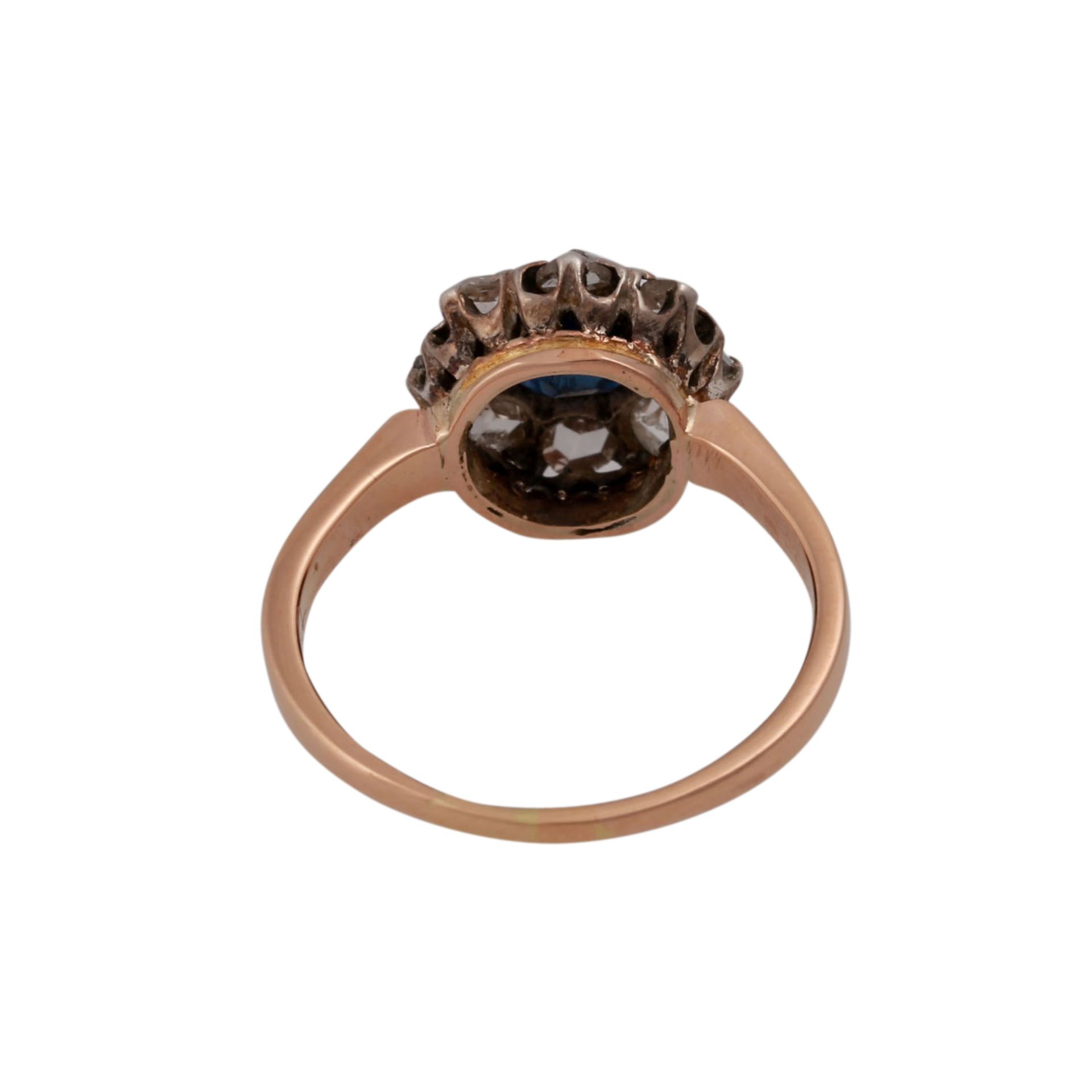 Ring mit Saphir und Diamantrosenvon zus. ca. 0,2 ct, niedere bis mittlere Farbe u. Reinheit, RG - Bild 4 aus 4