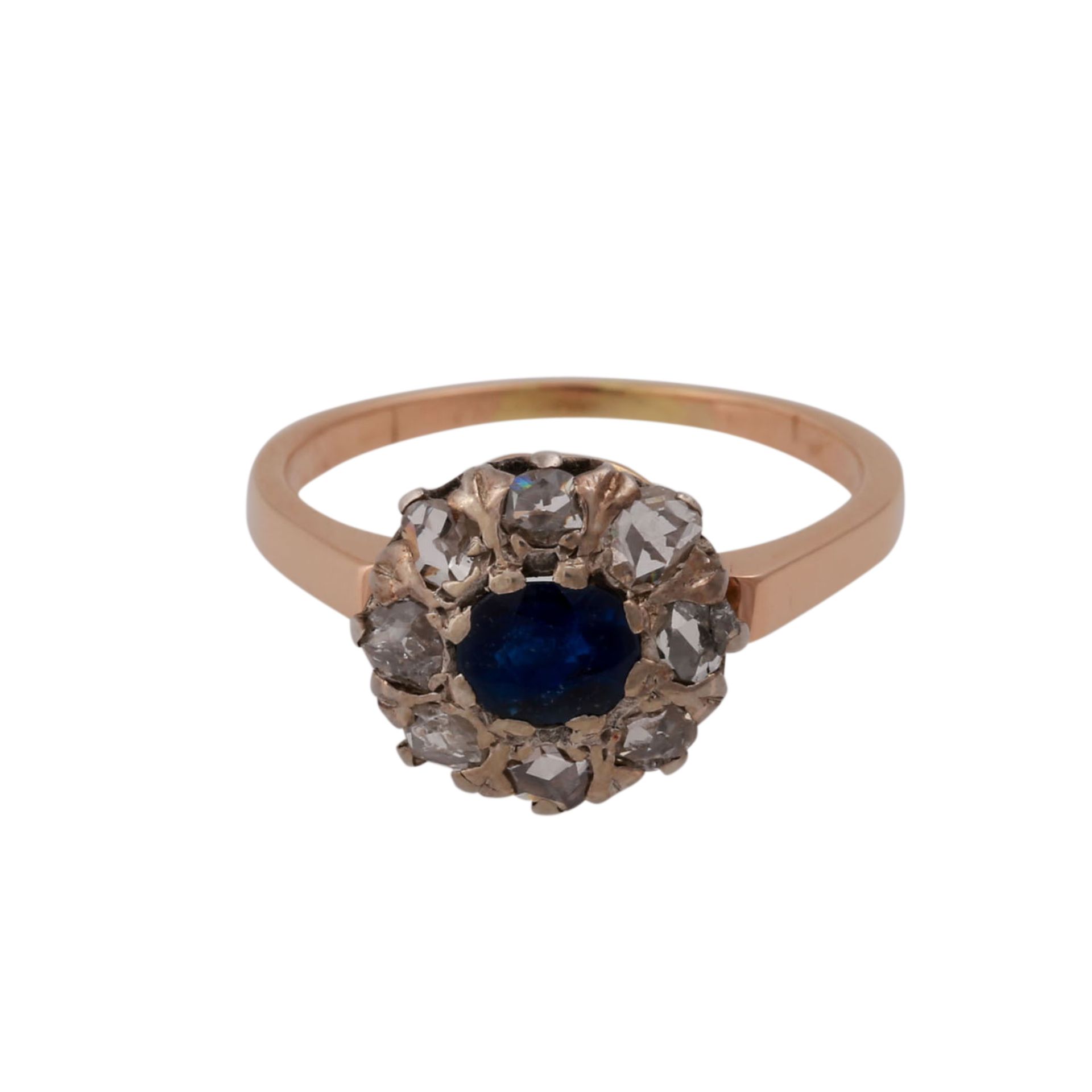 Ring mit Saphir und Diamantrosenvon zus. ca. 0,2 ct, niedere bis mittlere Farbe u. Reinheit, RG