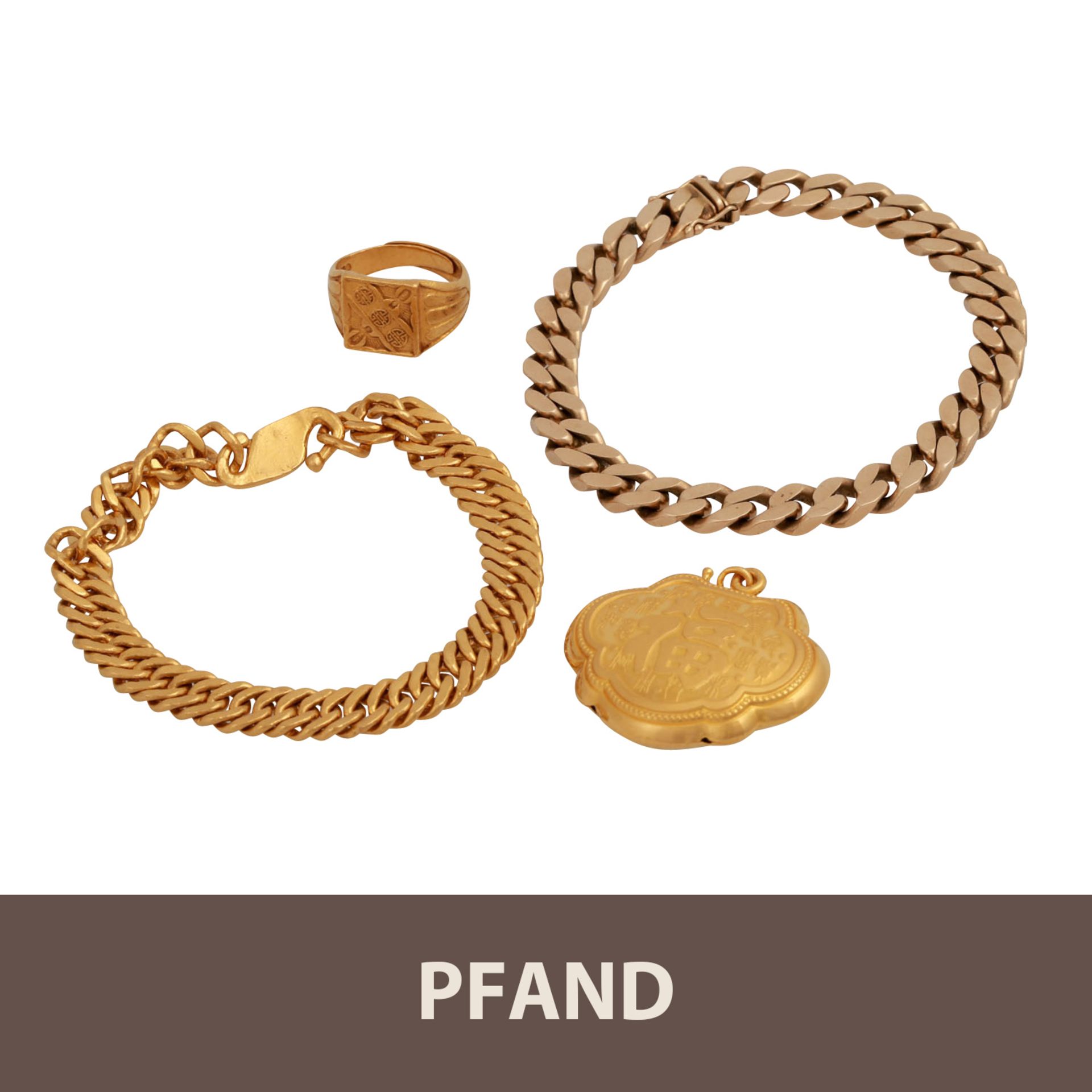 PFANDAUKTION - 1 Panzerarmband GG 14 K ( 46,3 gr.);1 Armband,1 Ring, 1 Anhänger GG 999 ( 74,2 gr.)