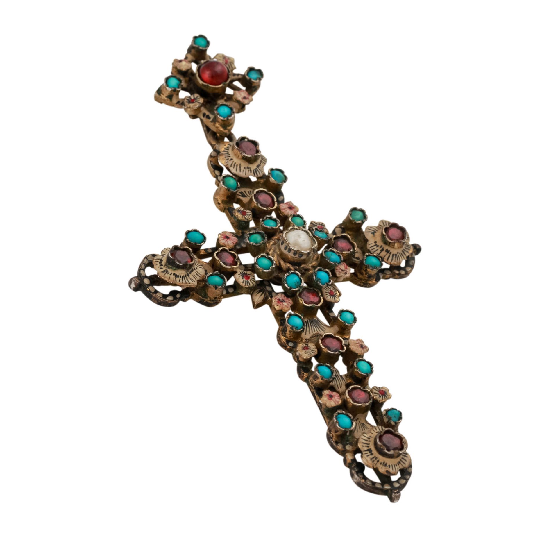 Siebenbürger Kreuz mit Edelsteinen,Granat, Türkis, Silber vergoldet, tlw. emailliert, L: ca. 7,8 cm, - Bild 4 aus 5