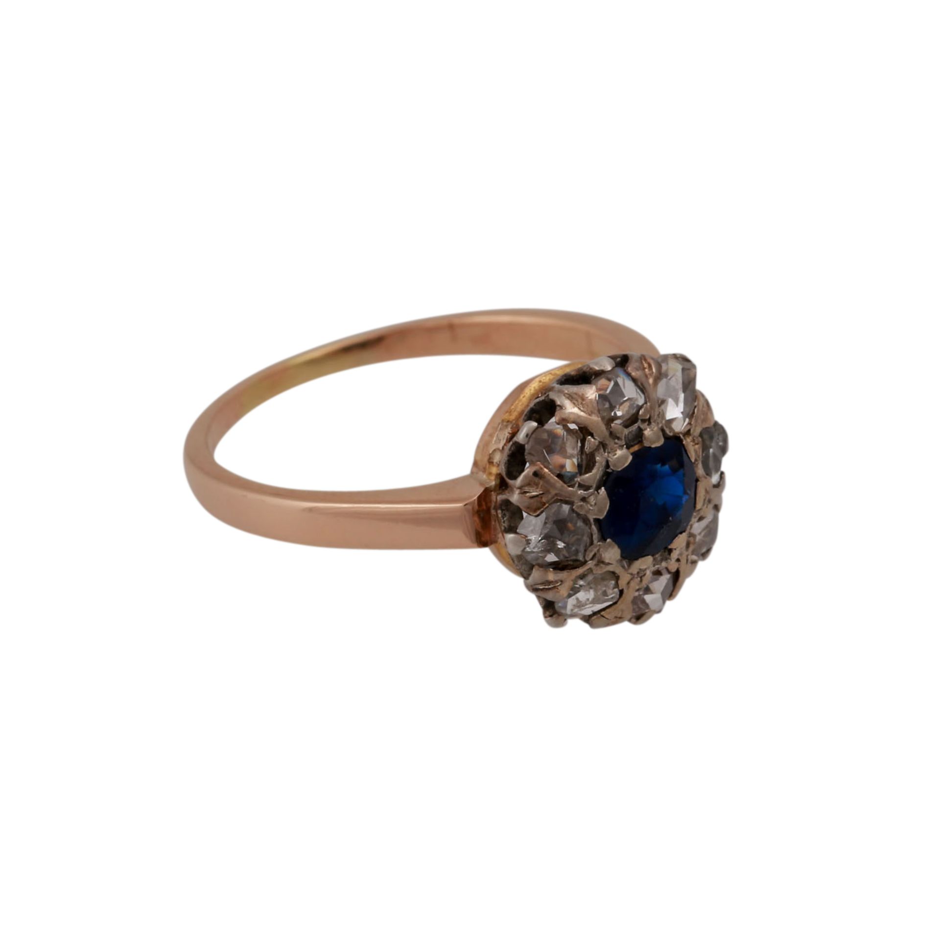 Ring mit Saphir und Diamantrosenvon zus. ca. 0,2 ct, niedere bis mittlere Farbe u. Reinheit, RG - Bild 2 aus 4