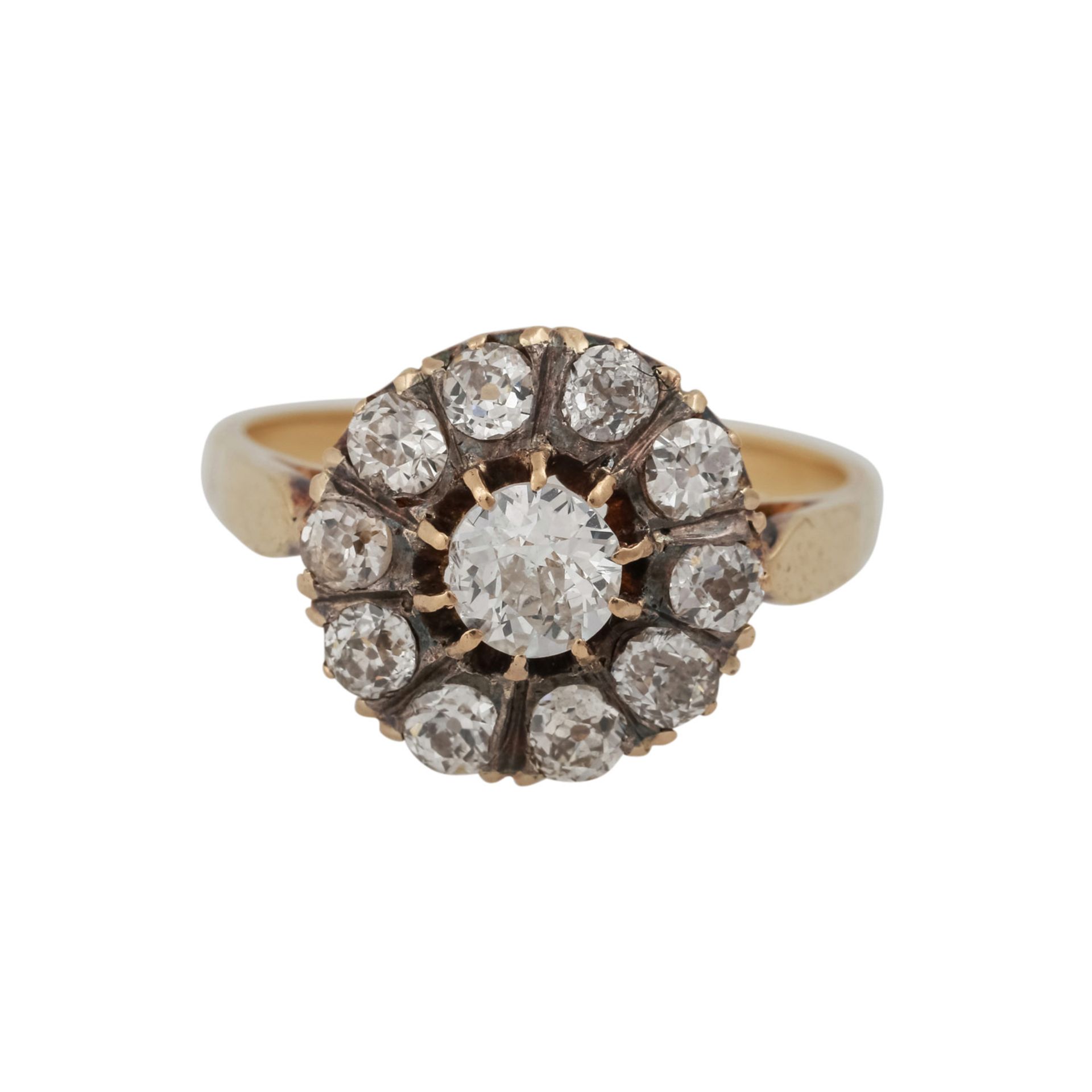 Ring mit 11 Altschliffdiamanten zus. ca. 1,2 ct,LGW-GET (I-M)/SI, GG 14K und Silber, RW: 57,