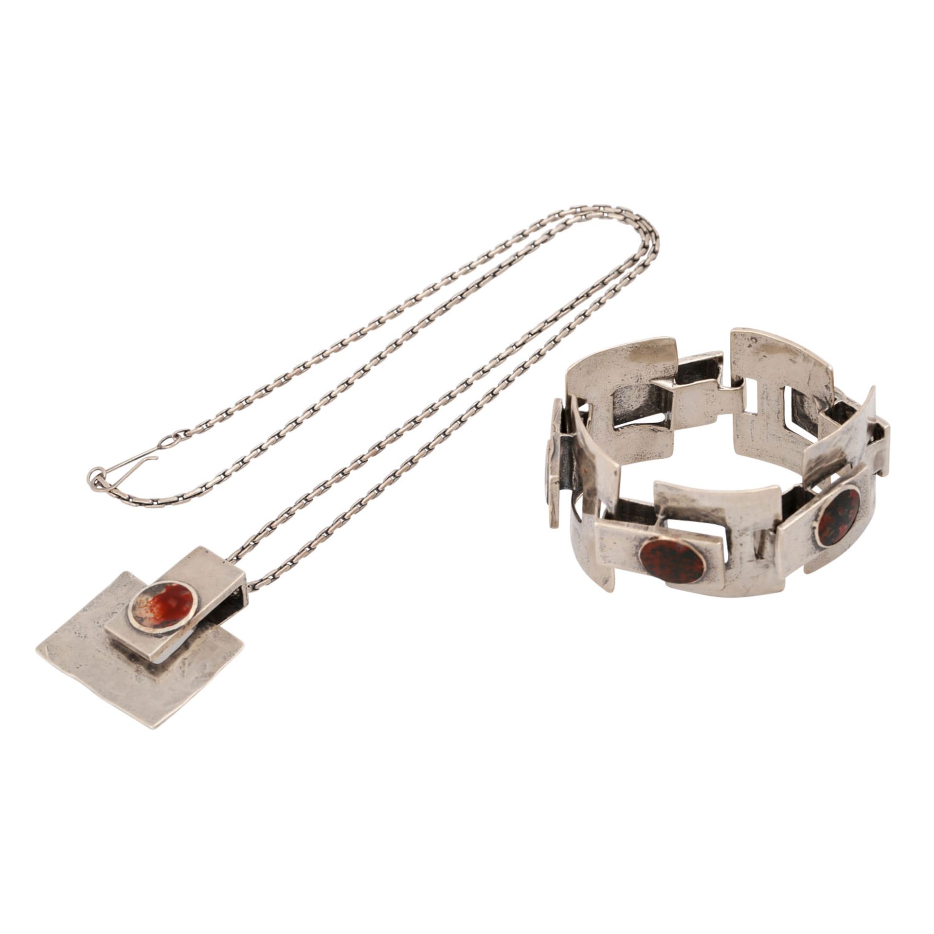 Set Silberschmuck mit Moosachat,best. aus Armband und Kette m. Anhänger, Armband L: ca. 18,5 cm,