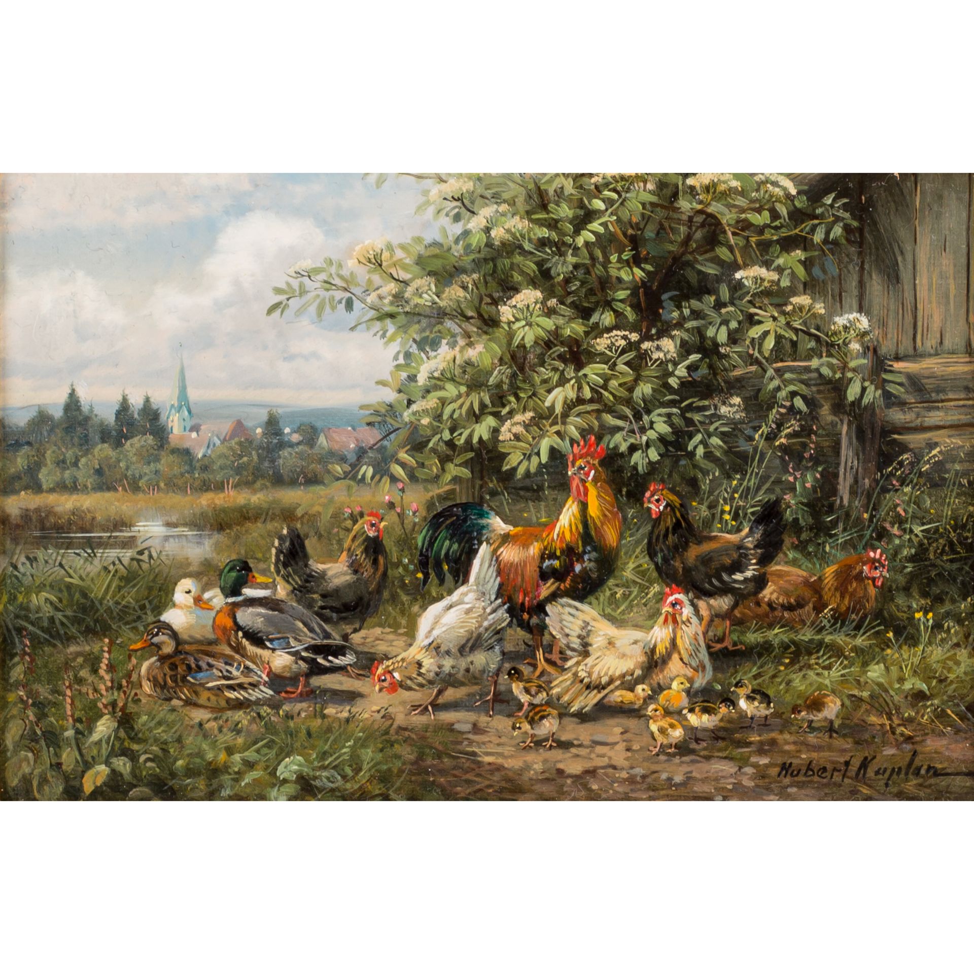 KAPLAN, HUBERT (geb. 1940), "Hühnervieh am Weiher vor dem Stall",<