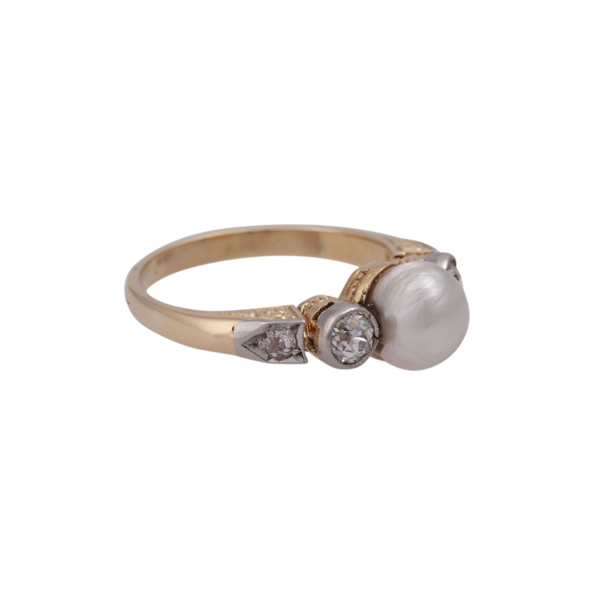 Ring mit Perle und 4 Altschliffdiamanten, zus. ca. 0,4 ct, - Bild 2 aus 4