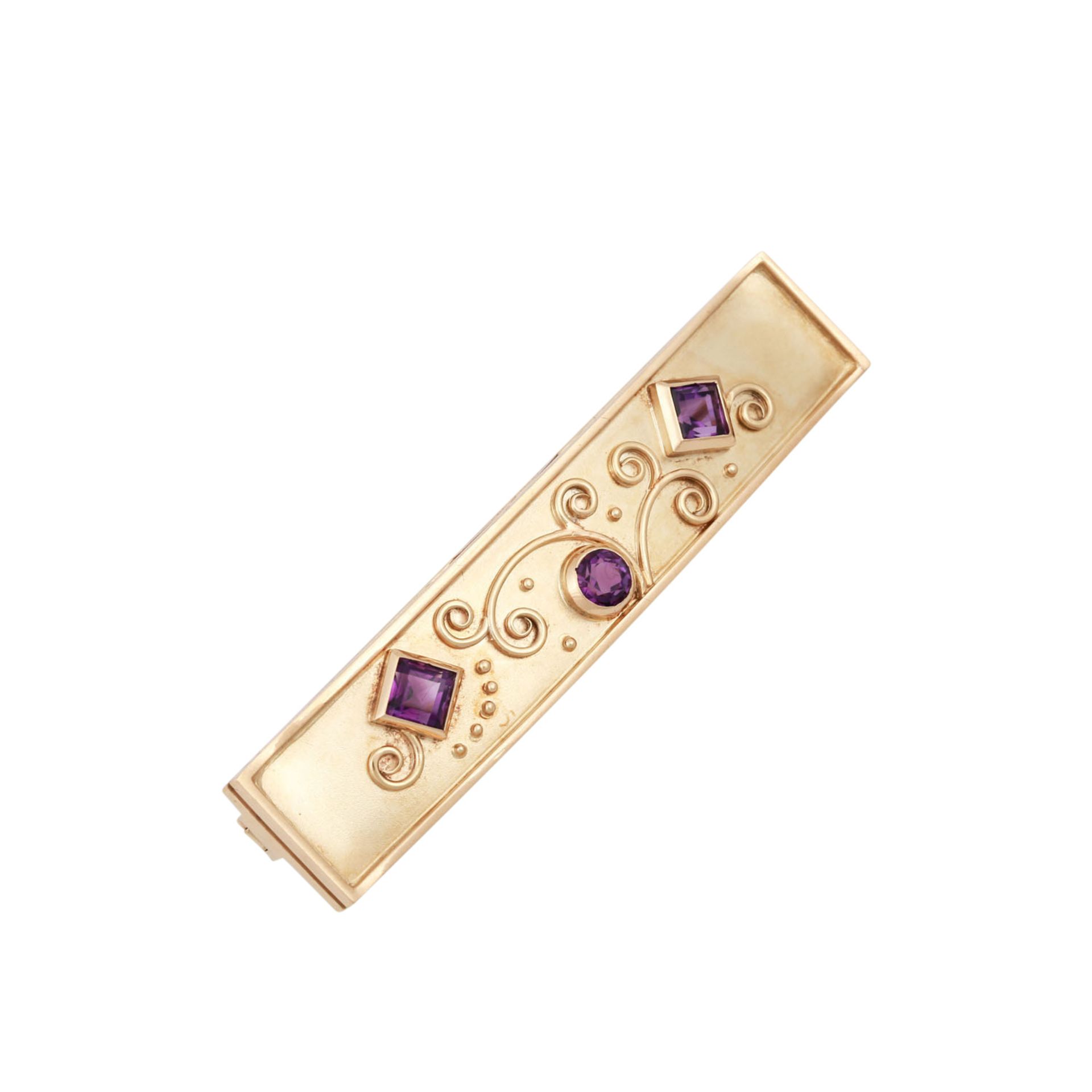 Brosche mit 3 facettierten Amethysten,rund und quadratisch, GG14K, geschwungene Rechteckform, ca. - Bild 4 aus 4