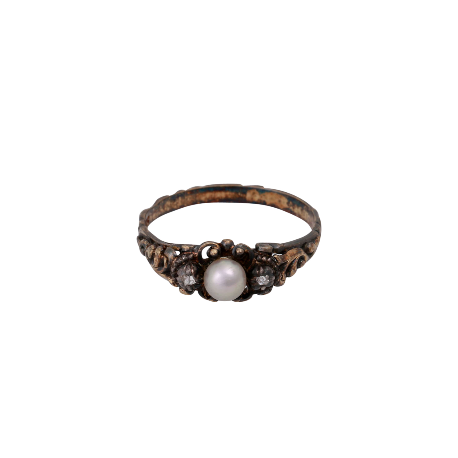 Ring mit Perle und Diamantrosen,Zuchtperle ca. 4,4 mm, GG 14K, Fassungen Silber, RW: 56, Mitte 19.