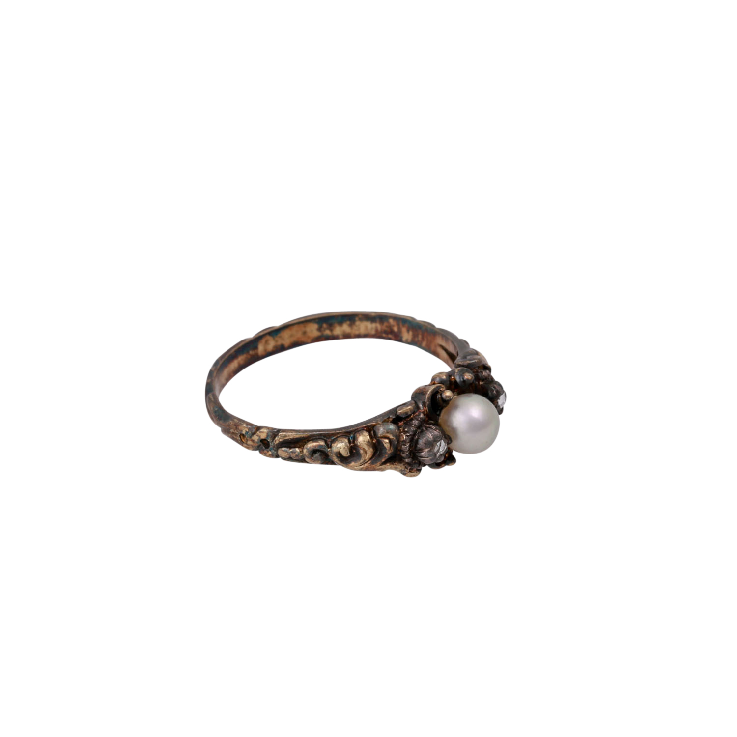 Ring mit Perle und Diamantrosen,Zuchtperle ca. 4,4 mm, GG 14K, Fassungen Silber, RW: 56, Mitte 19. - Image 2 of 4