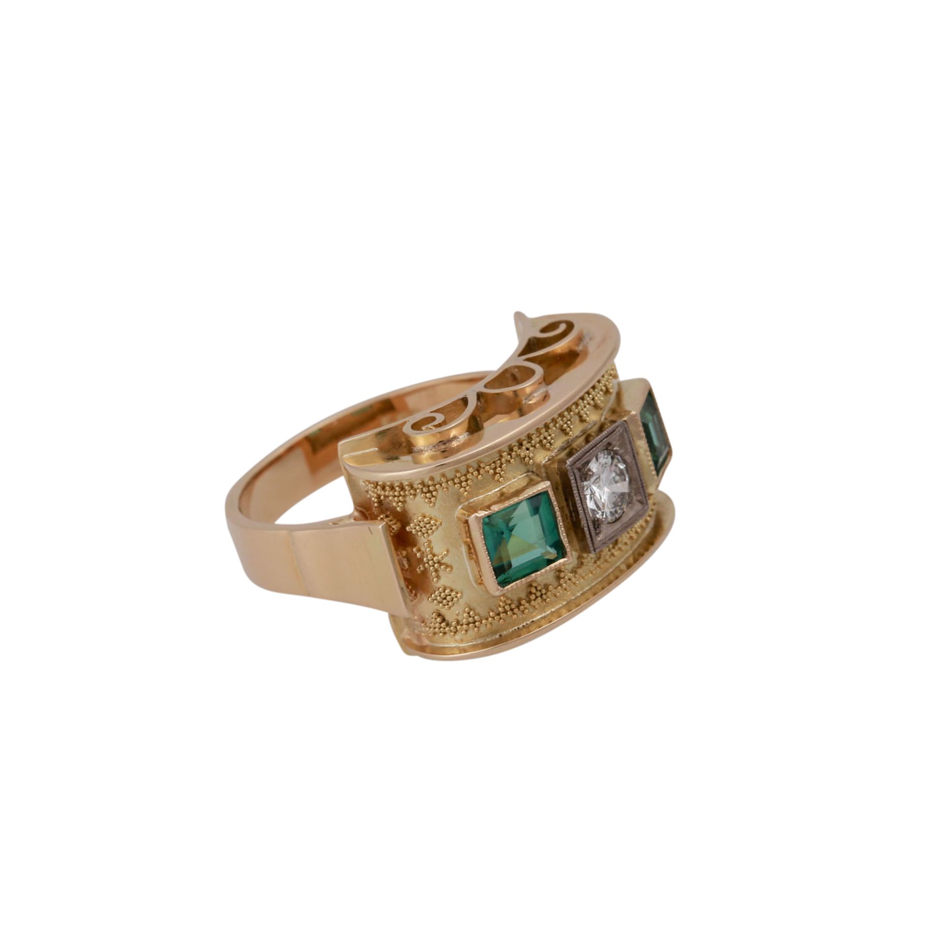 Ring mit Brillant ca. 0,25 ct,FW (F)/VVS und 2 Turmalincarrés, GG 14K, RW: 53, 2. H. 20. Jh., - Bild 2 aus 4