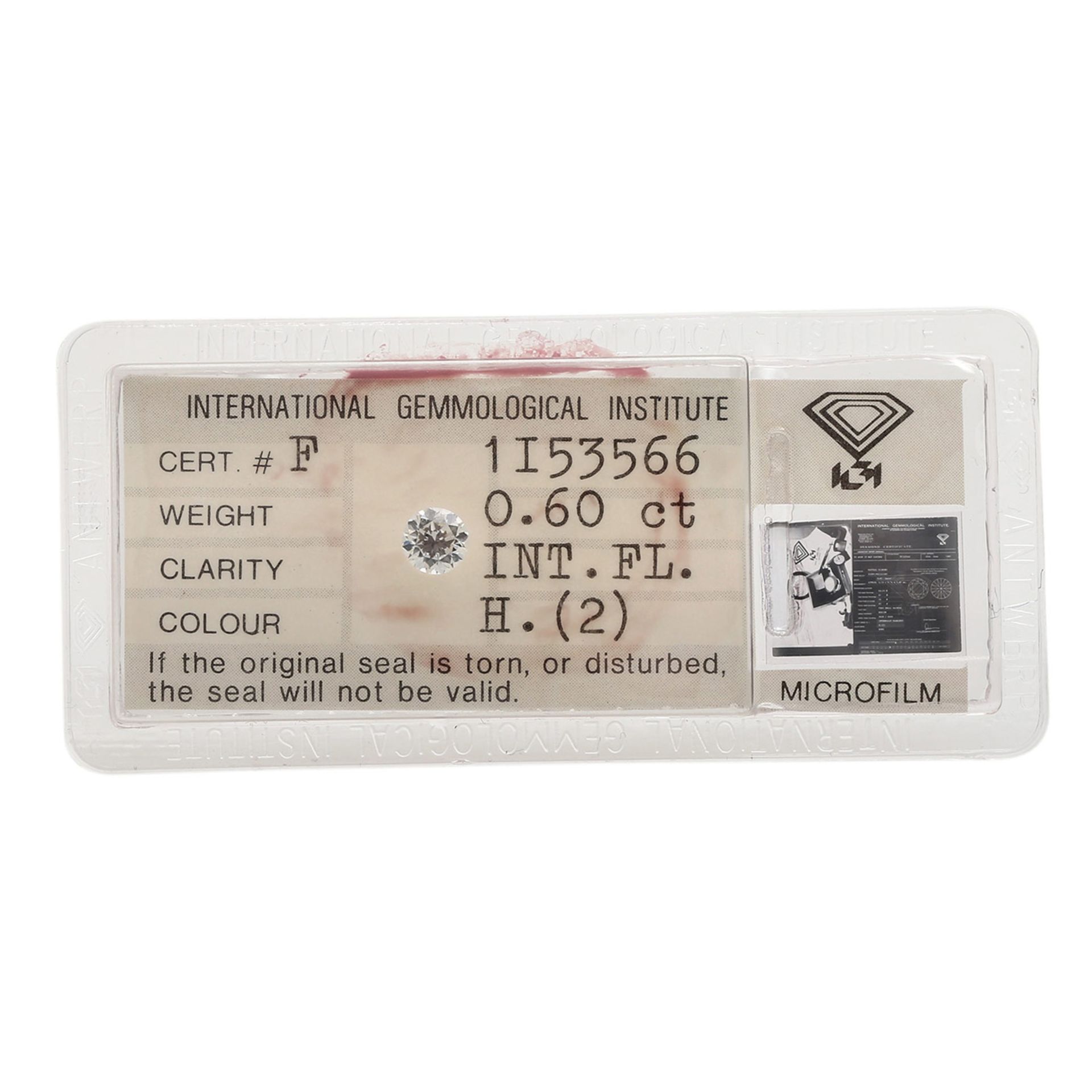 Brillant 0,60 ct. WEISS (H)/IFbeiliegend in Plastikbox, inkl. IGI Zertifikat (1987).Brilliant-cut