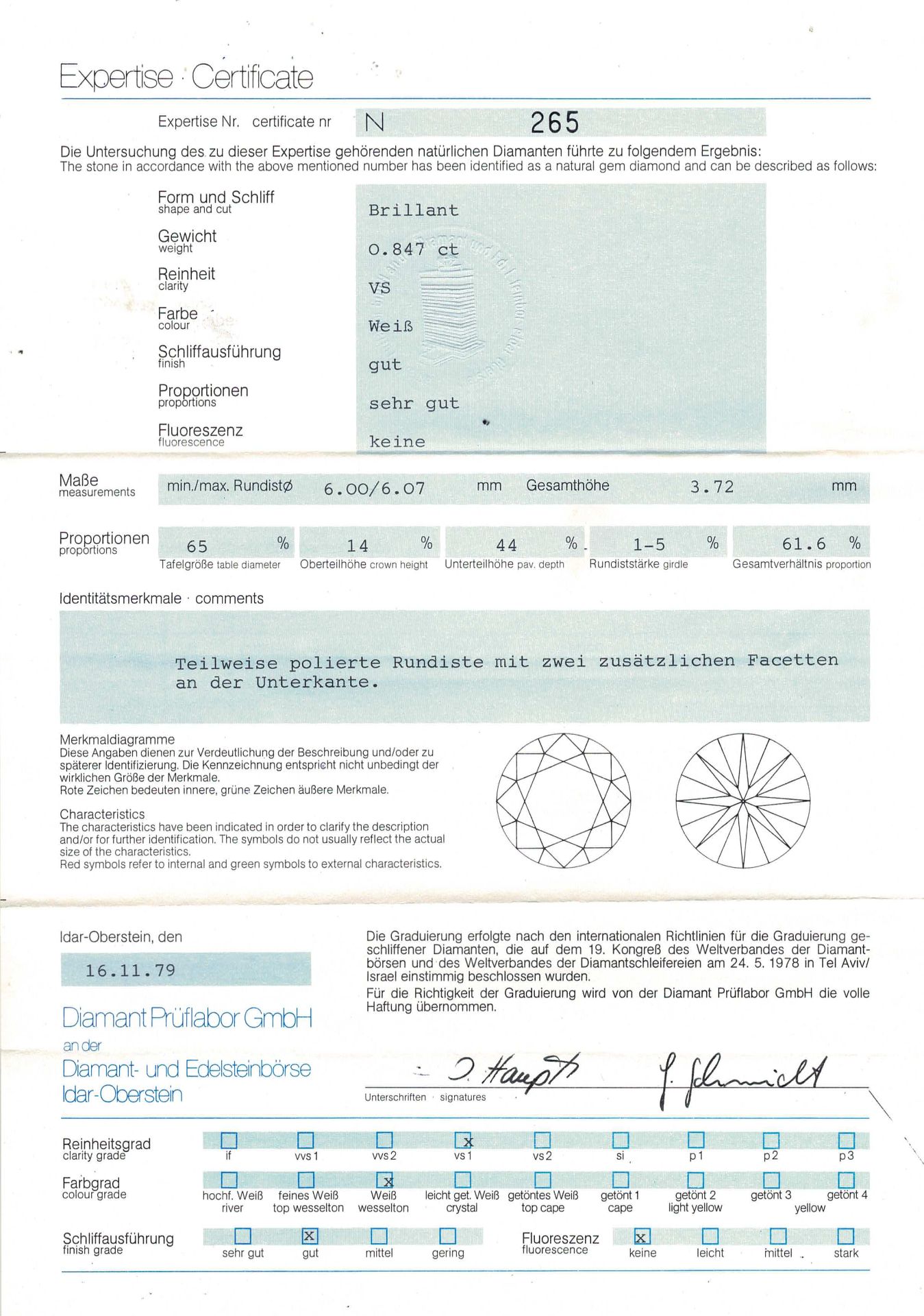 1 loser Brillant 0,84 ct,WEISS (H)/VS, in Plastikbox, inkl. DPL Zertifikat (1979) sowie - Bild 2 aus 2