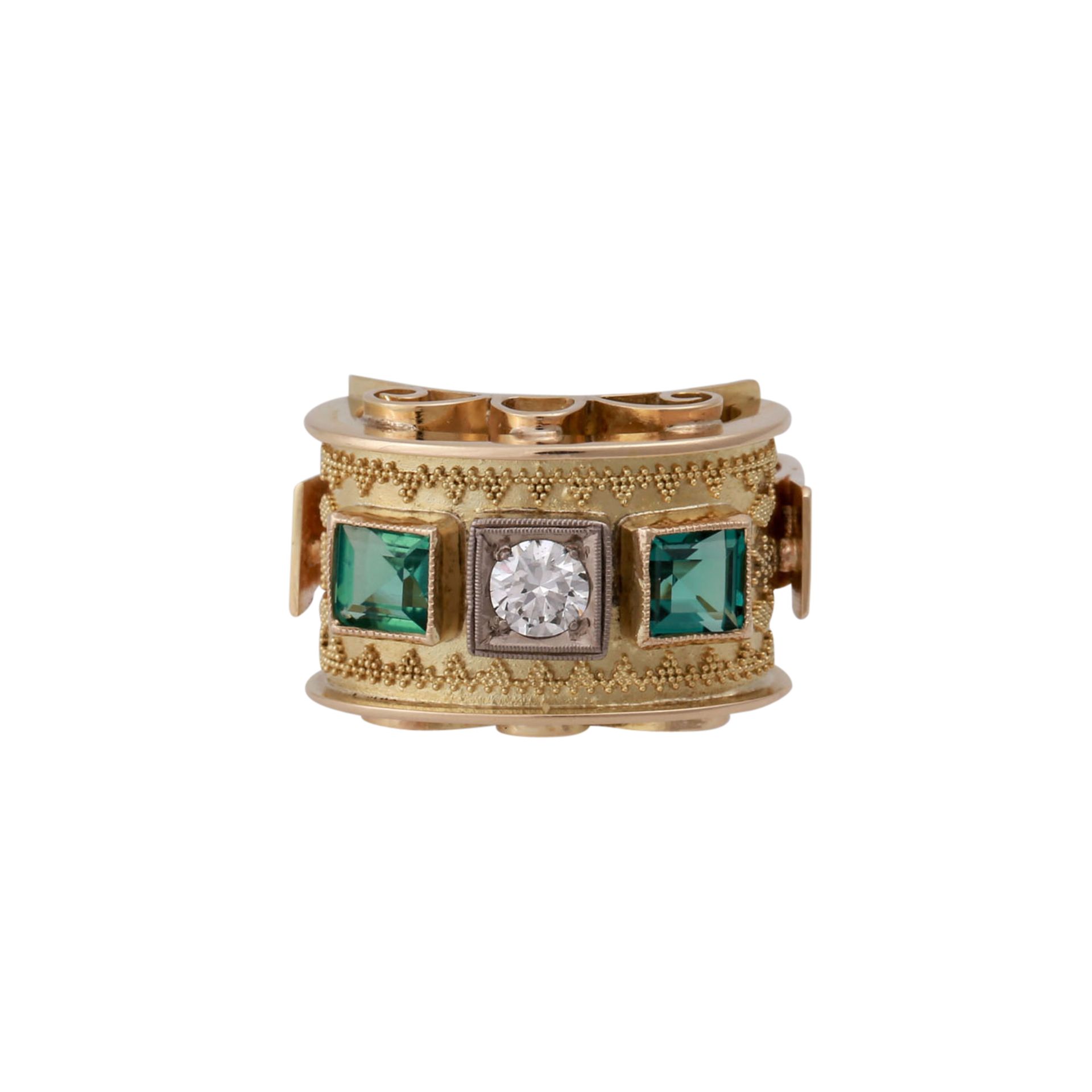 Ring mit Brillant ca. 0,25 ct,FW (F)/VVS und 2 Turmalincarrés, GG 14K, RW: 53, 2. H. 20. Jh.,