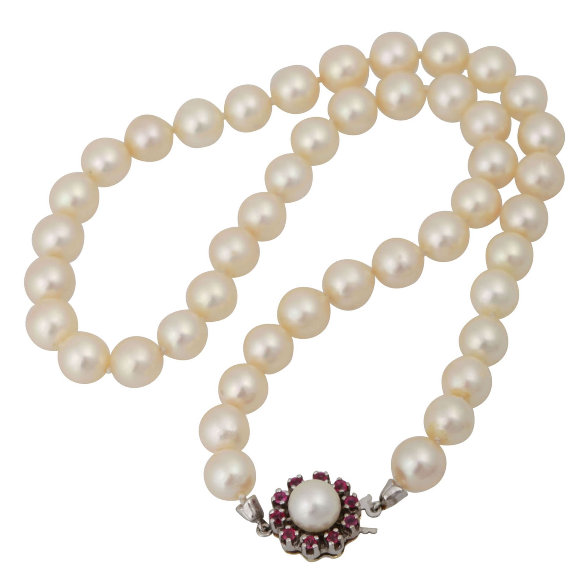 Akoya Perlenkette,Zuchtperlen ca. 8,1-8,2 mm, Schließe WG 14K mit kl. Rubinen, L: ca. 42 cm, 2. H. - Bild 3 aus 4