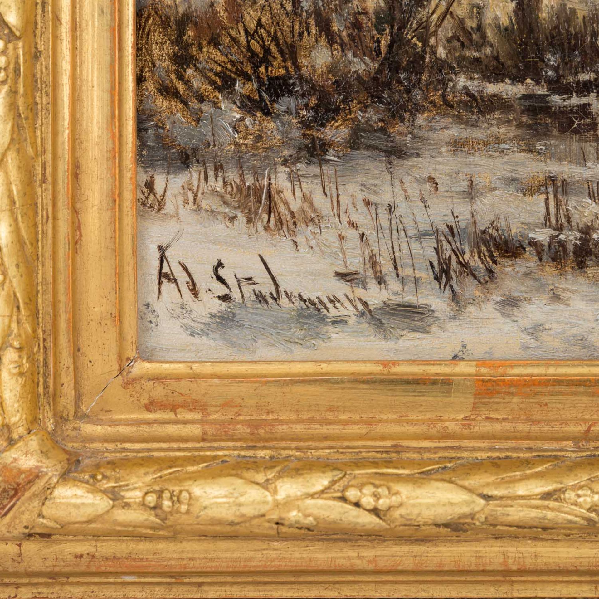STADEMANN, ADOLF (1824-1895), "Eisvergnügen in verschneiter Flusslandschaft mit Weiden", - Bild 3 aus 6