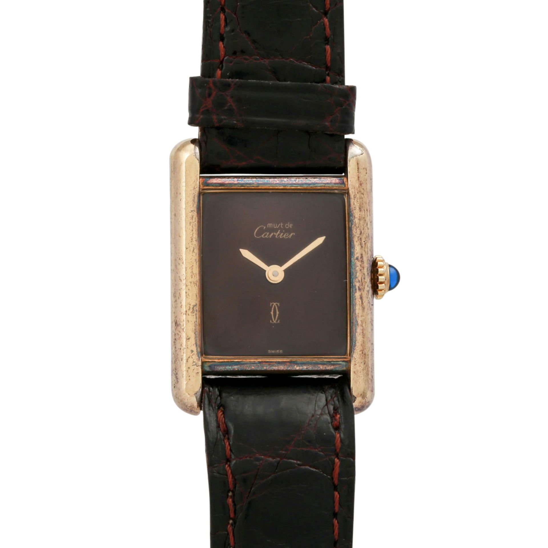 CARTIER Tank Vintage. Damenuhr.Silber, gold plattiert. Quarz-Werk. Lederband mit originaler