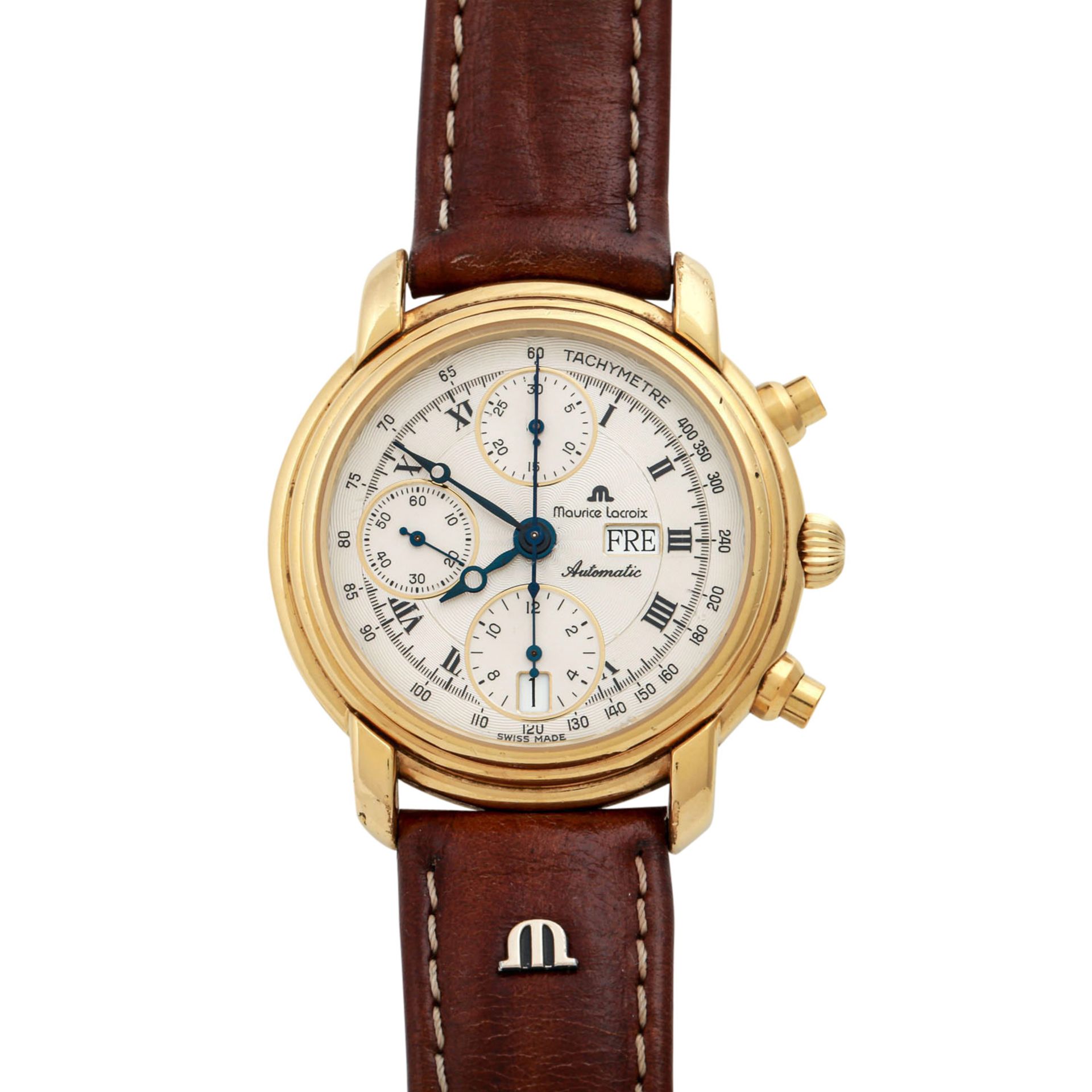 MAURICE LACROIX Chronograph, Ref. 39353. Herrenuhr.Gold plattiert. Automatic-Werk. Lederband mit