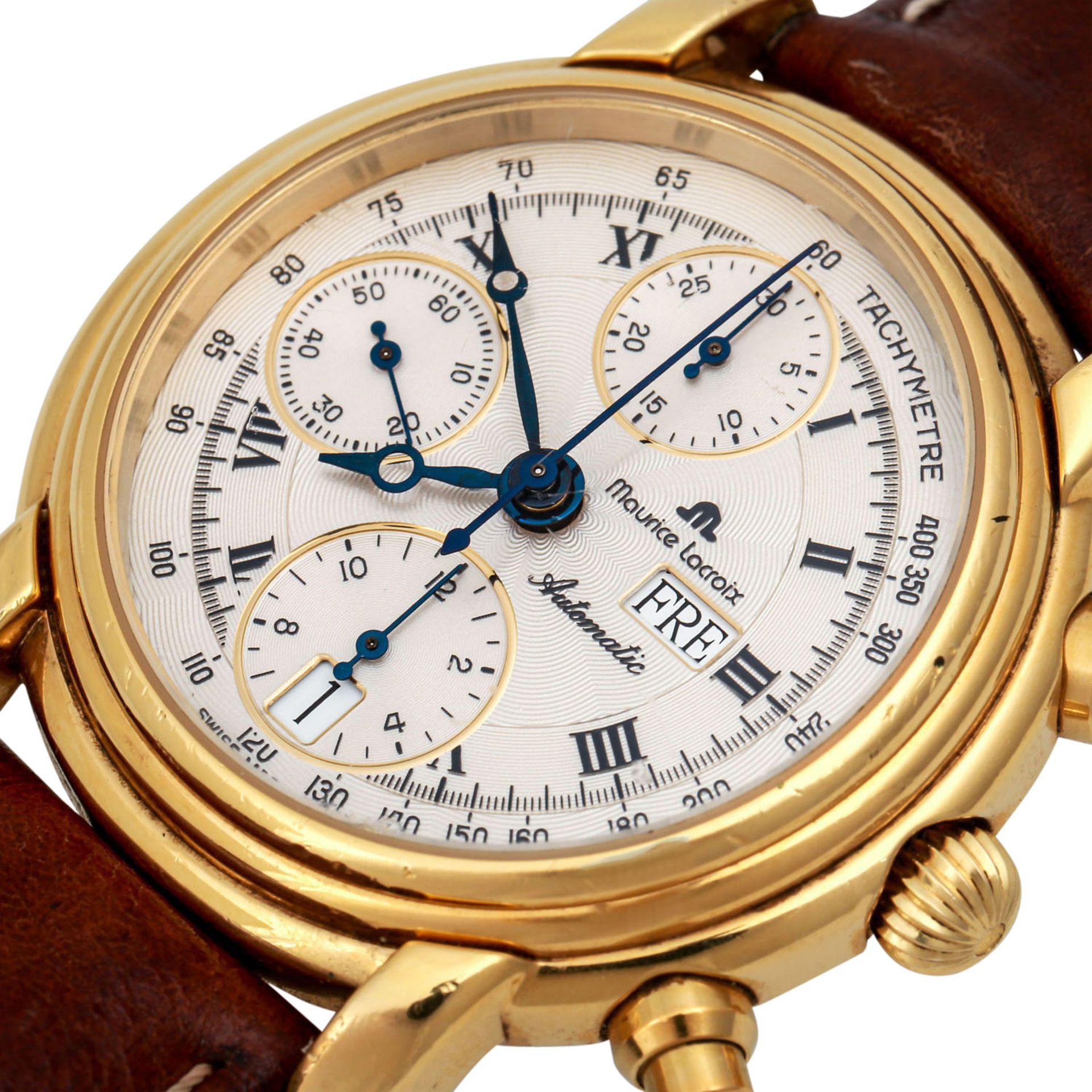 MAURICE LACROIX Chronograph, Ref. 39353. Herrenuhr.Gold plattiert. Automatic-Werk. Lederband mit - Bild 5 aus 5