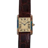 CARTIER Tank Vermail, Ref. 33768. Damenuhr.Silber, gold plattiert. Quarz-Werk. Lederband mit