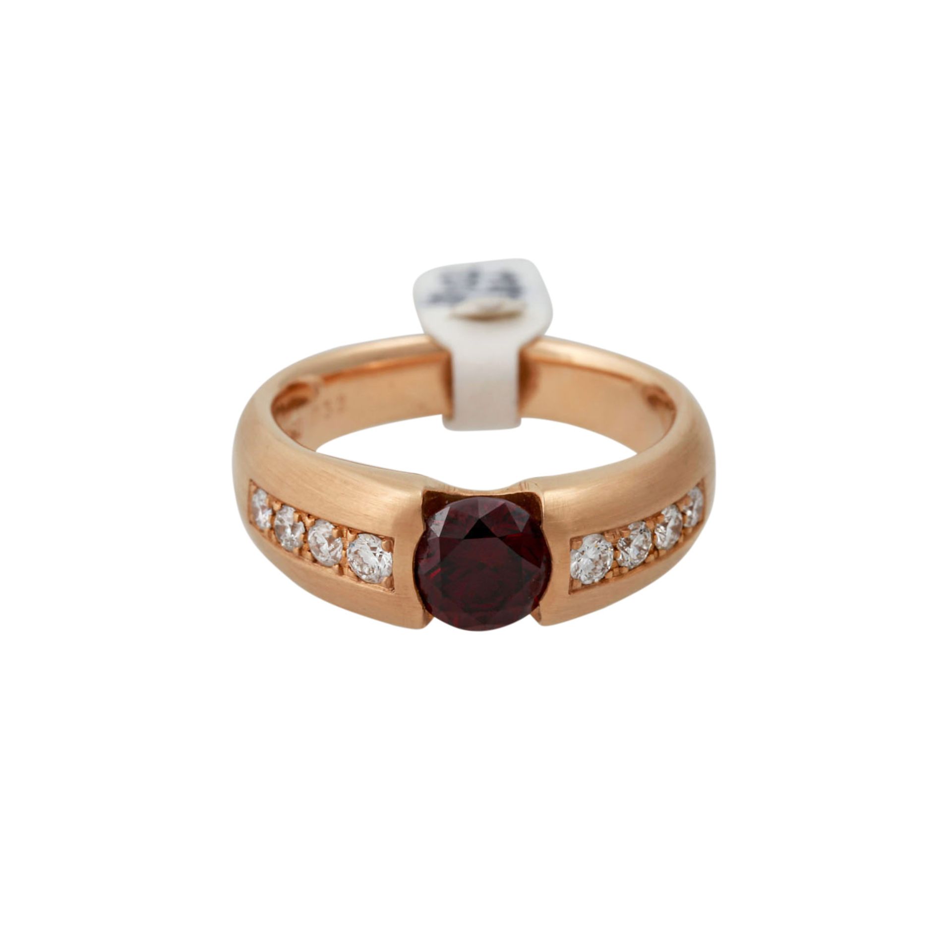 Ring mit rotem Diamant von ca. 1 ct,(beh.) und 8 Brillanten zus. ca. 0,32 ct (punz.), gute Qualität, - Bild 2 aus 5