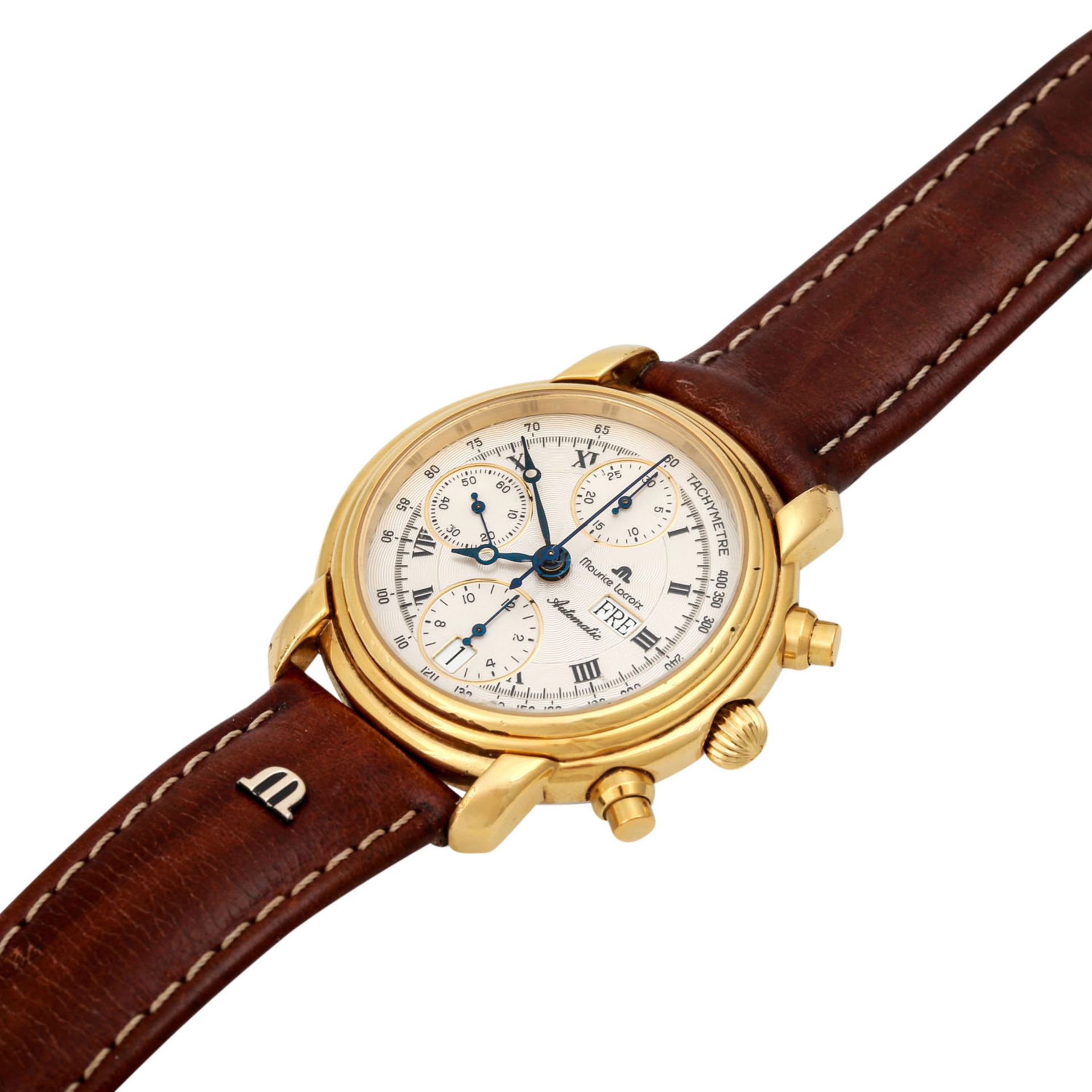 MAURICE LACROIX Chronograph, Ref. 39353. Herrenuhr.Gold plattiert. Automatic-Werk. Lederband mit - Bild 4 aus 5