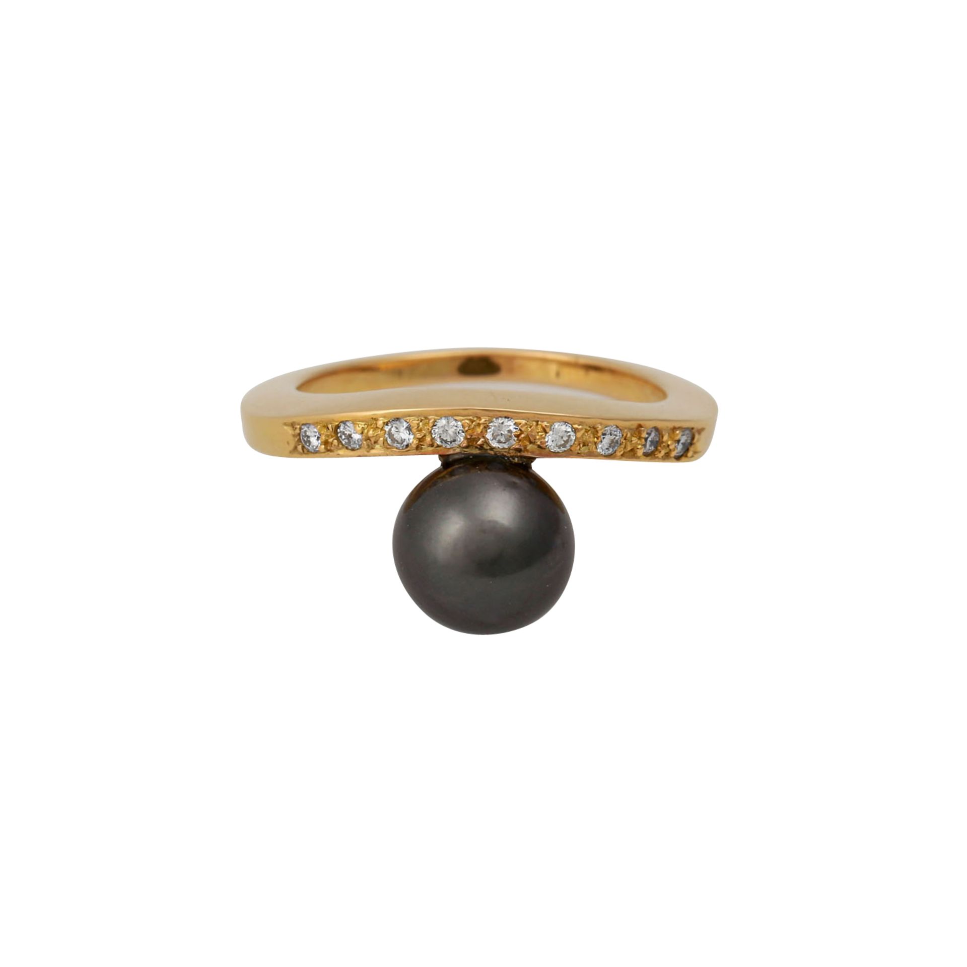 Ring mit schwarzer Tahitiperle und 9 kleine Brillanten, zus. ca. 0,25 ct,Zuchtperle ca. 8,2 mm, - Bild 2 aus 4