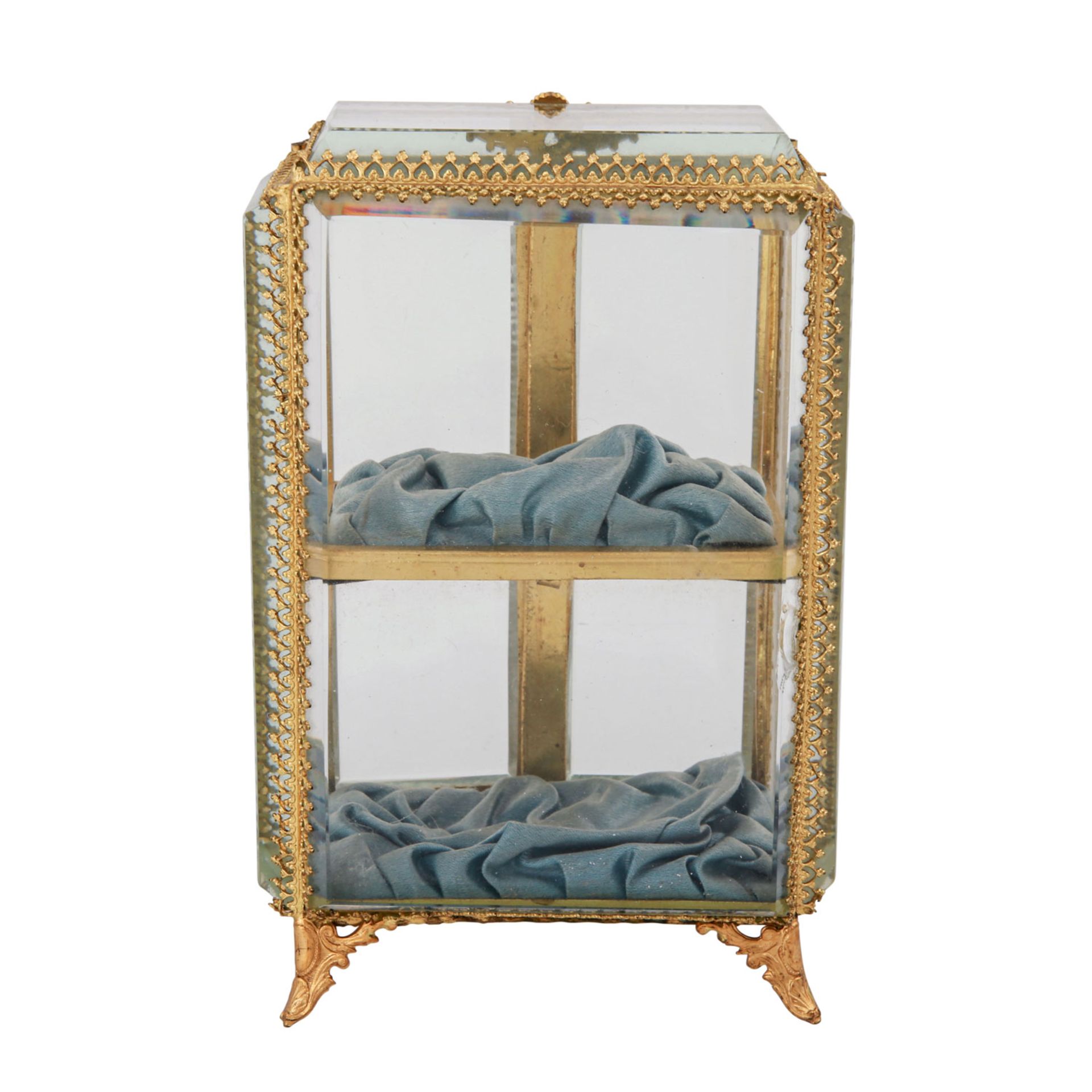 Kleine Glasvitrine, 19./20. Jhd..Dickwandiges Klarglas mit goldfarbener Metallmontur, 2-flüglige - Bild 4 aus 4