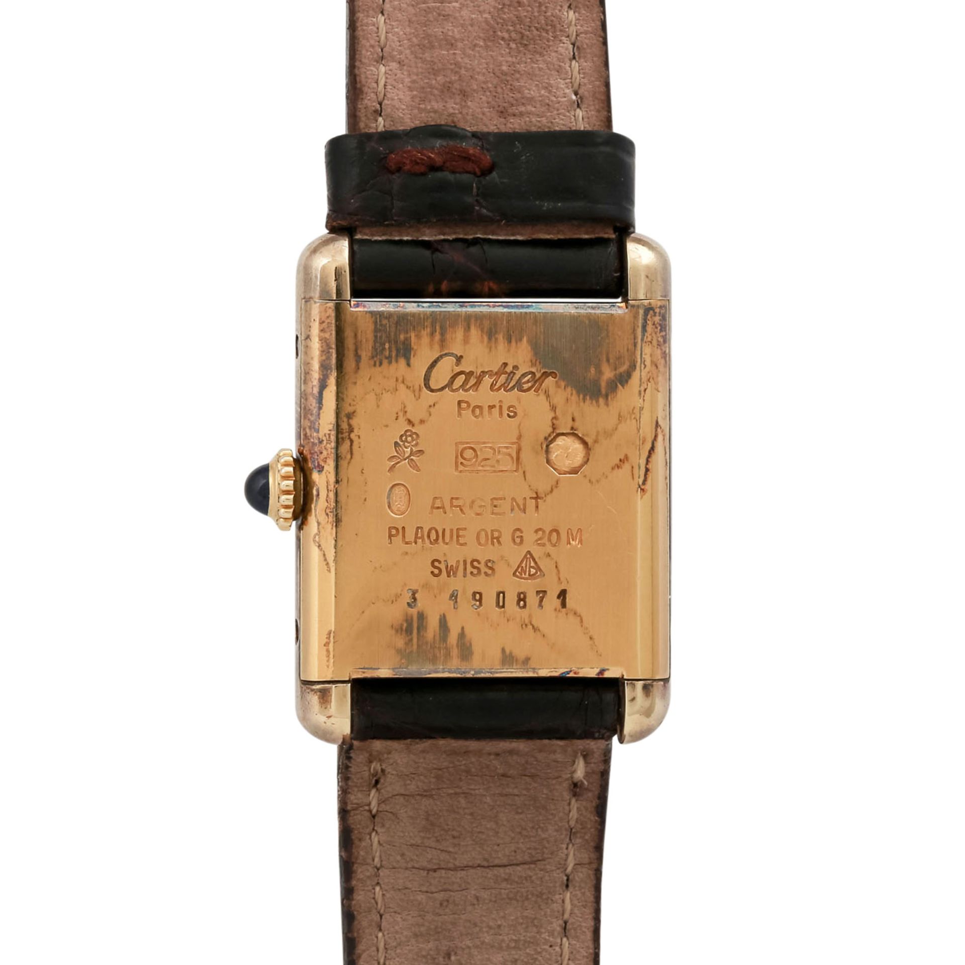 CARTIER Tank Vintage. Damenuhr.Silber, gold plattiert. Quarz-Werk. Lederband mit originaler - Bild 2 aus 5