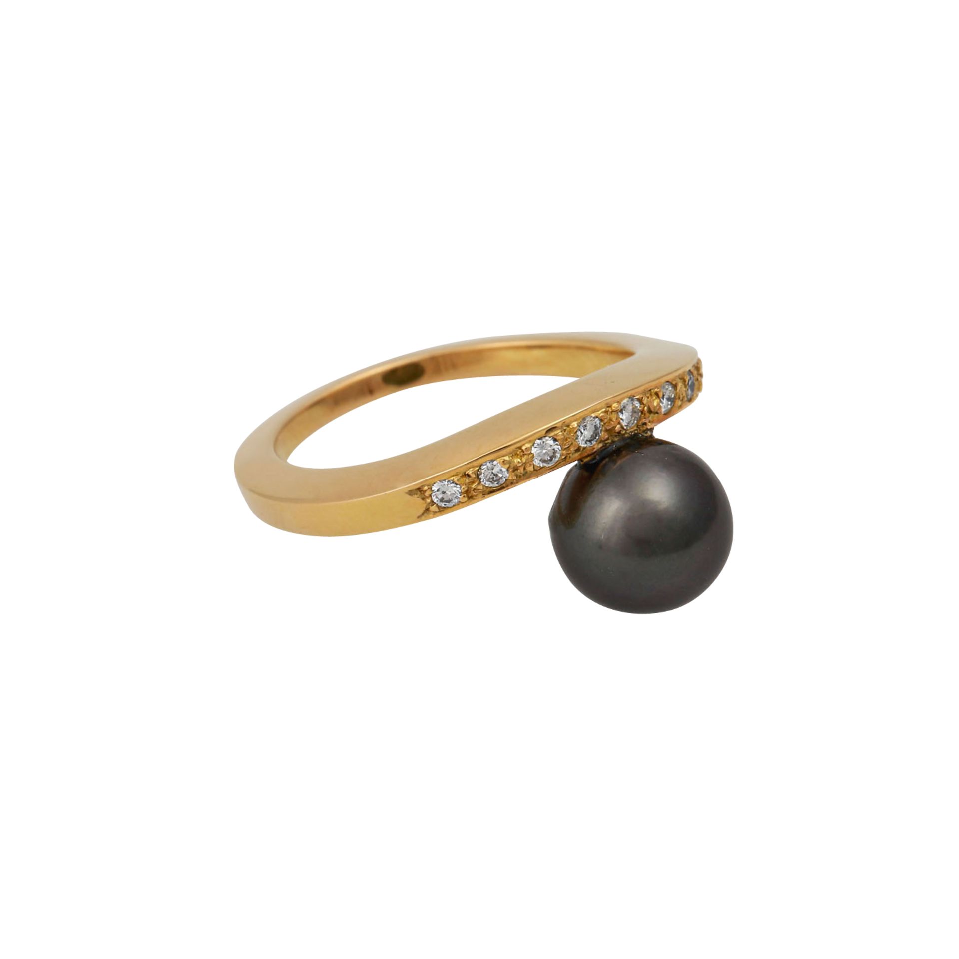 Ring mit schwarzer Tahitiperle und 9 kleine Brillanten, zus. ca. 0,25 ct,Zuchtperle ca. 8,2 mm,