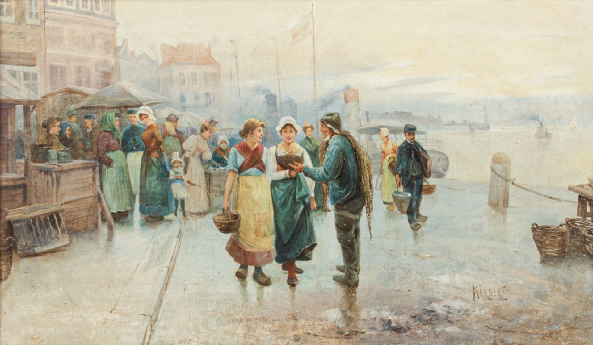 NORBERT (Maler/in 19./20. Jh.), "Markt an holländischem Hafen",