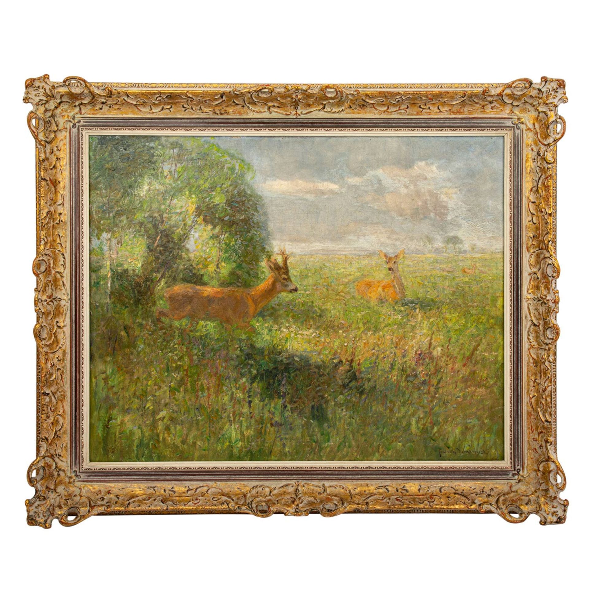 DOMBROWSKI, CARL RITTER von (Schloss Ullitz 1872-1951 Obermenzing/München), "Rehe auf Wiese",Rehbock - Bild 2 aus 4