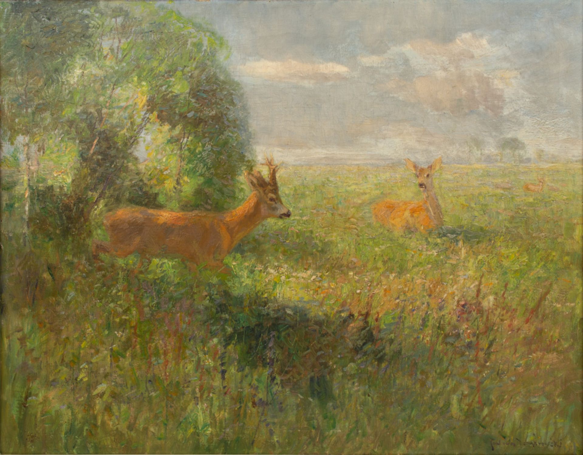 DOMBROWSKI, CARL RITTER von (Schloss Ullitz 1872-1951 Obermenzing/München), "Rehe auf Wiese",Rehbock