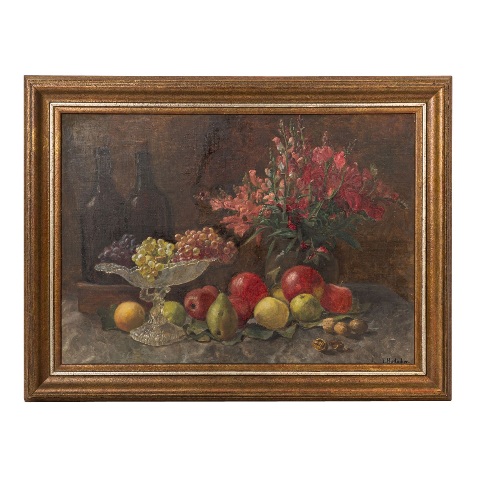 HORLACHER, EMMA (tätig um 1882-1894), "Stillleben mit Sommerstrauß in Vase und Früchten", - Bild 2 aus 4