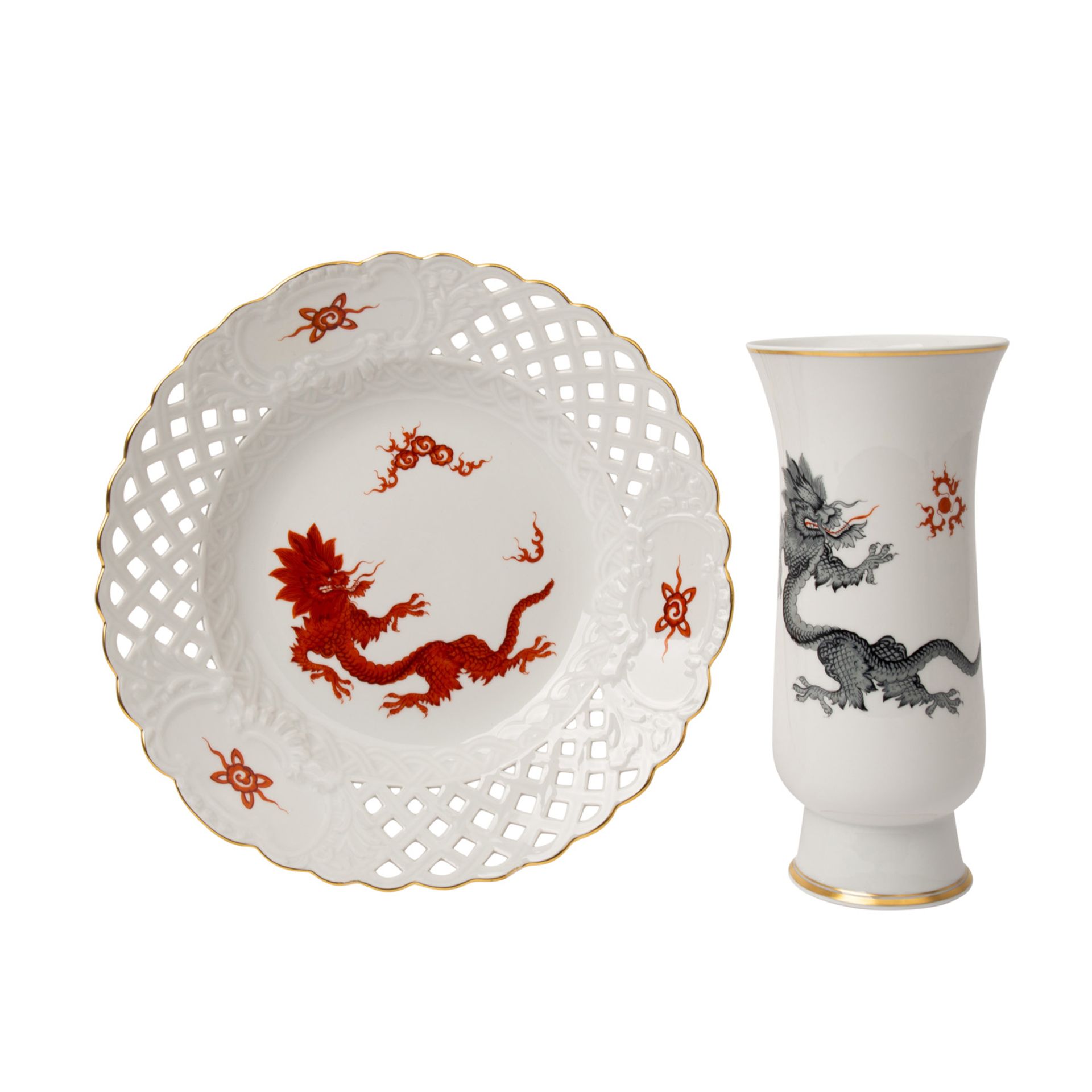 MEISSEN Vase und Teller 'Ming Drache' 1. und 2. Wahl, 20. Jhd..