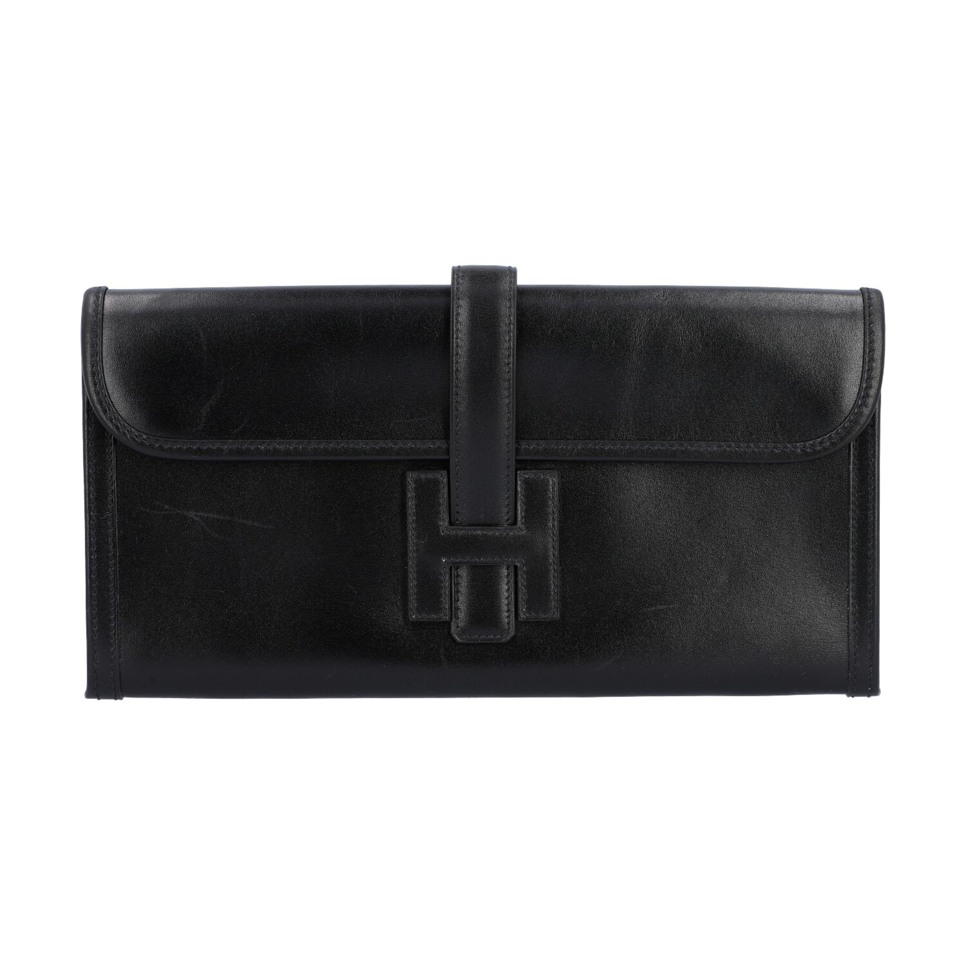 HERMÈS VINTAGE Clutch "JIGE PM".Swift Leder in Schwarz, breiter Überschlag mit Laschenverschluss und