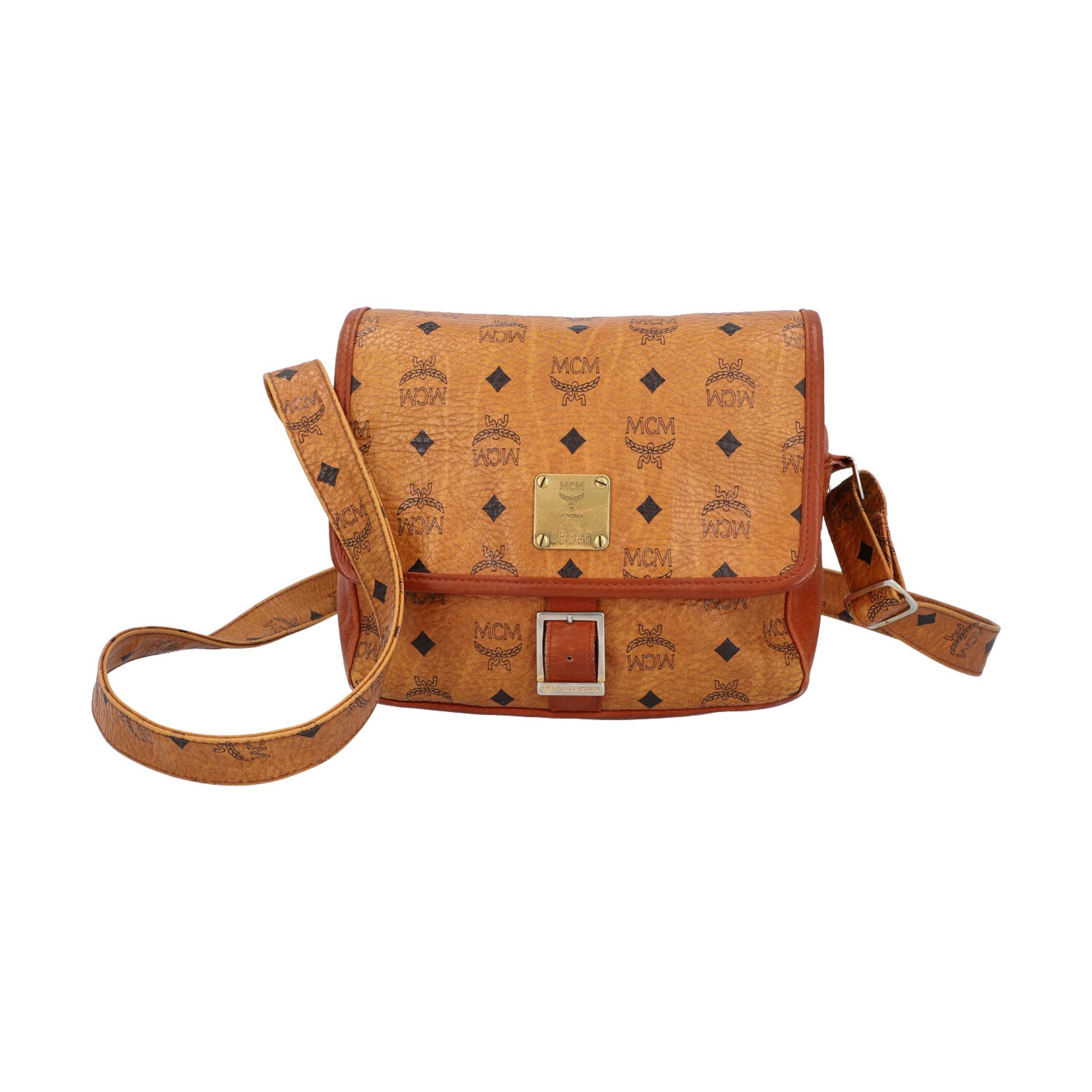 MCM VINTAGE Umhängetasche.Visetos in Cognac mit schwarzem Logo-Design, Überschlag mit Riemen-