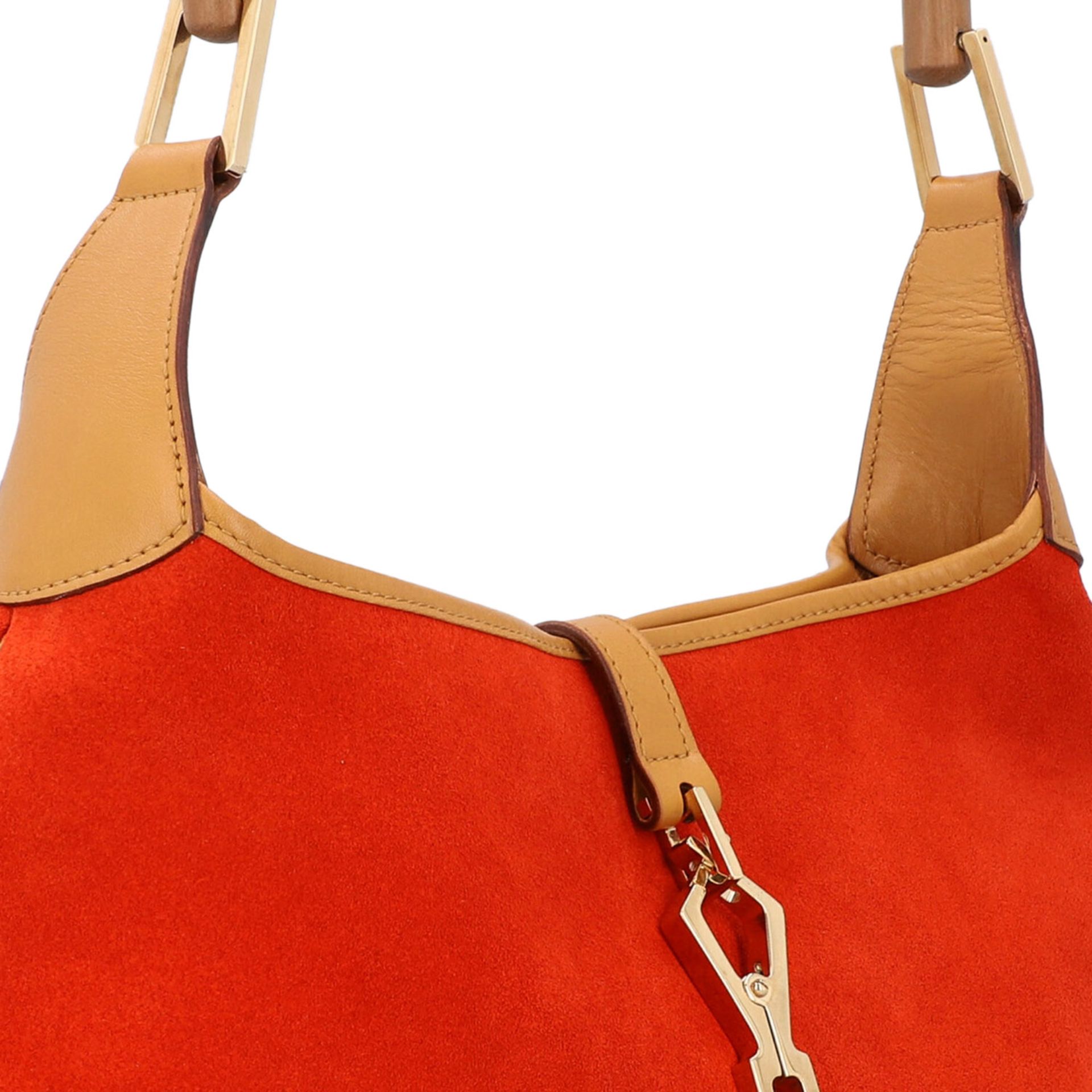 GUCCI Henkeltasche "JACKY-O".Modell im Material-Mix aus orangerotem Wildleder und cognacfarbenem - Bild 8 aus 8